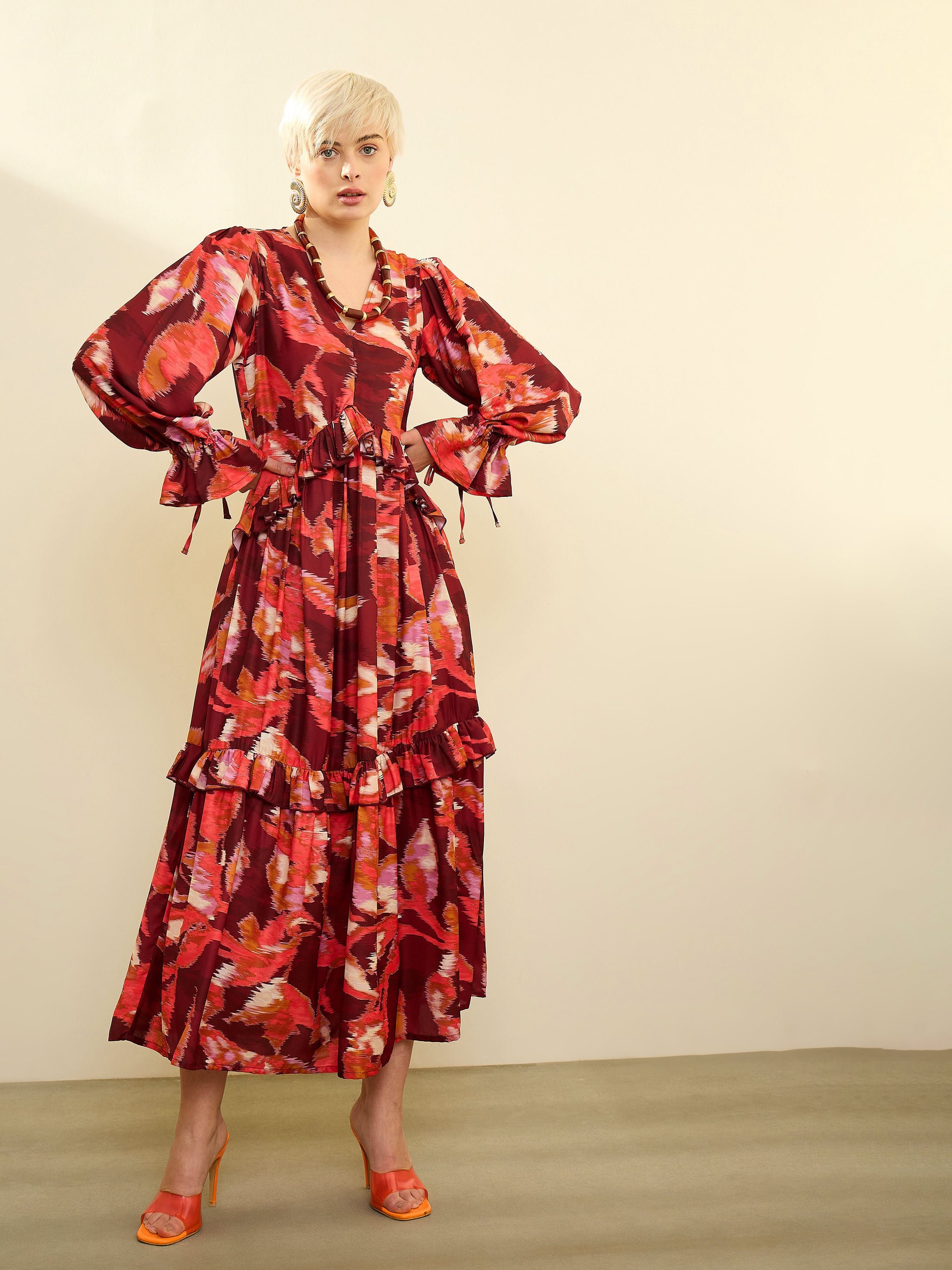 Maroon Printed Front Ruffle Maxi Dress