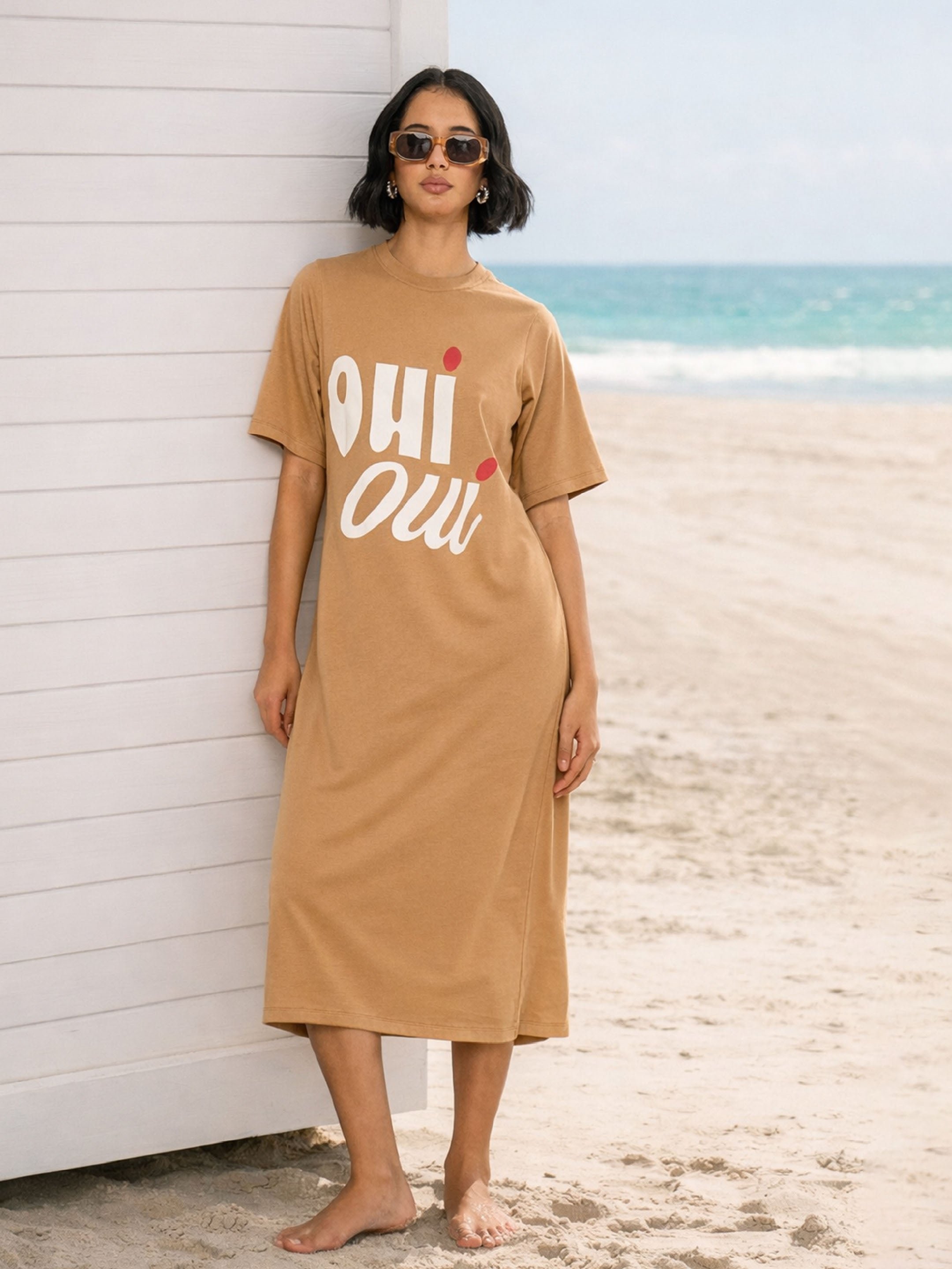 Tan Graphic Print Oversized T-Shirt Midi Dress