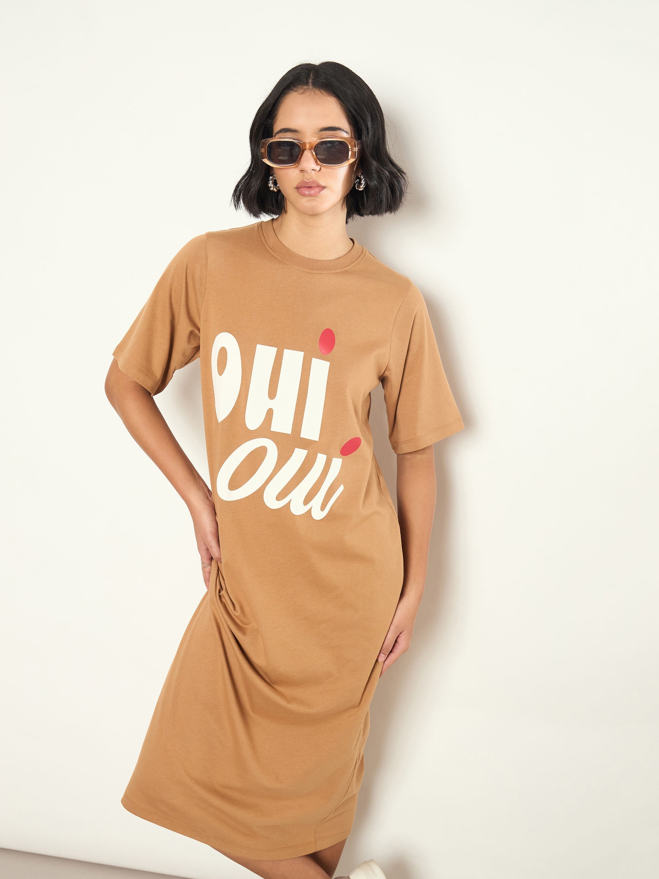 Tan Graphic Print Oversized T-Shirt Midi Dress