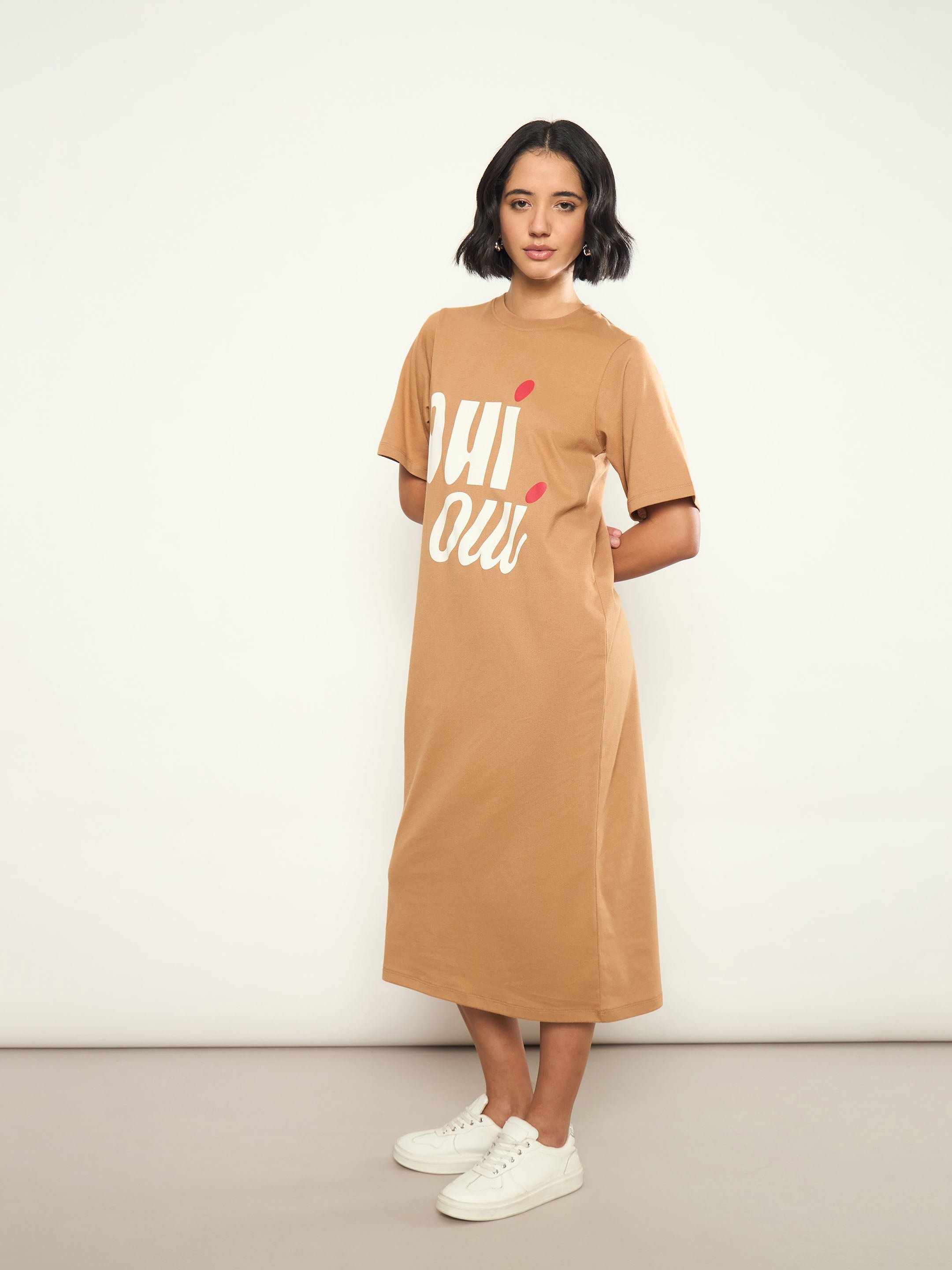 Tan Graphic Print Oversized T-Shirt Midi Dress