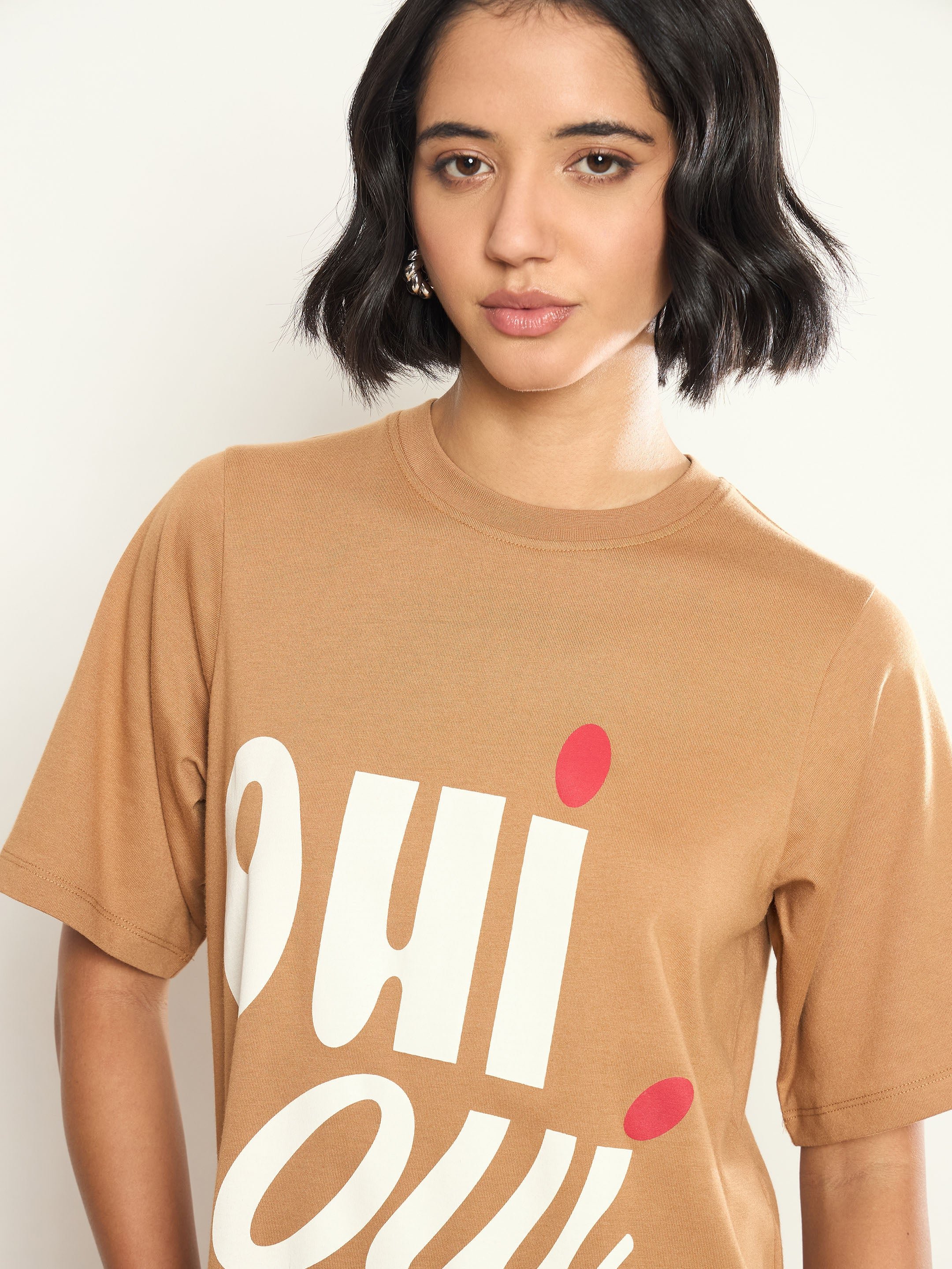 Tan Graphic Print Oversized T-Shirt Midi Dress