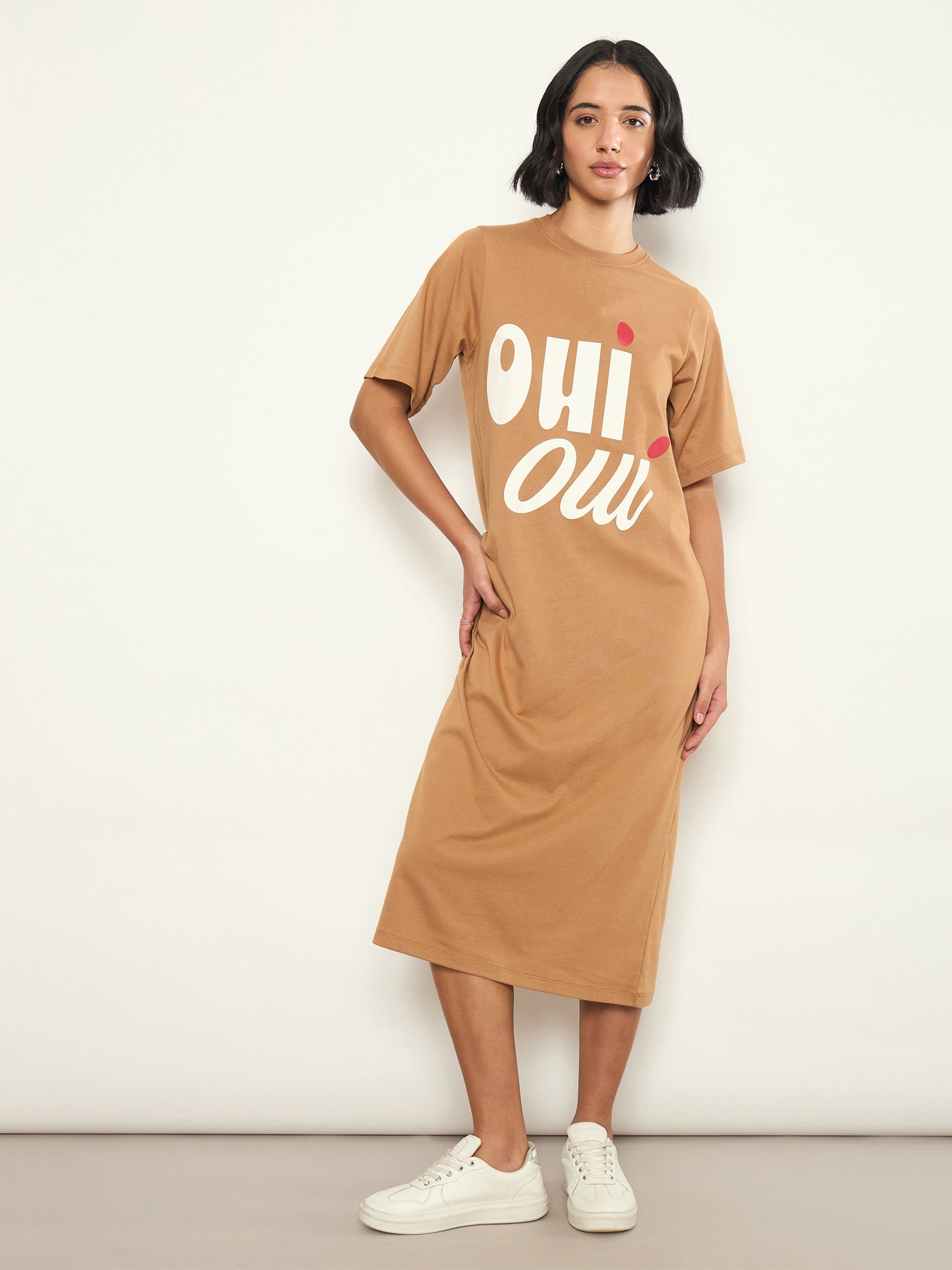 Tan Graphic Print Oversized T-Shirt Midi Dress