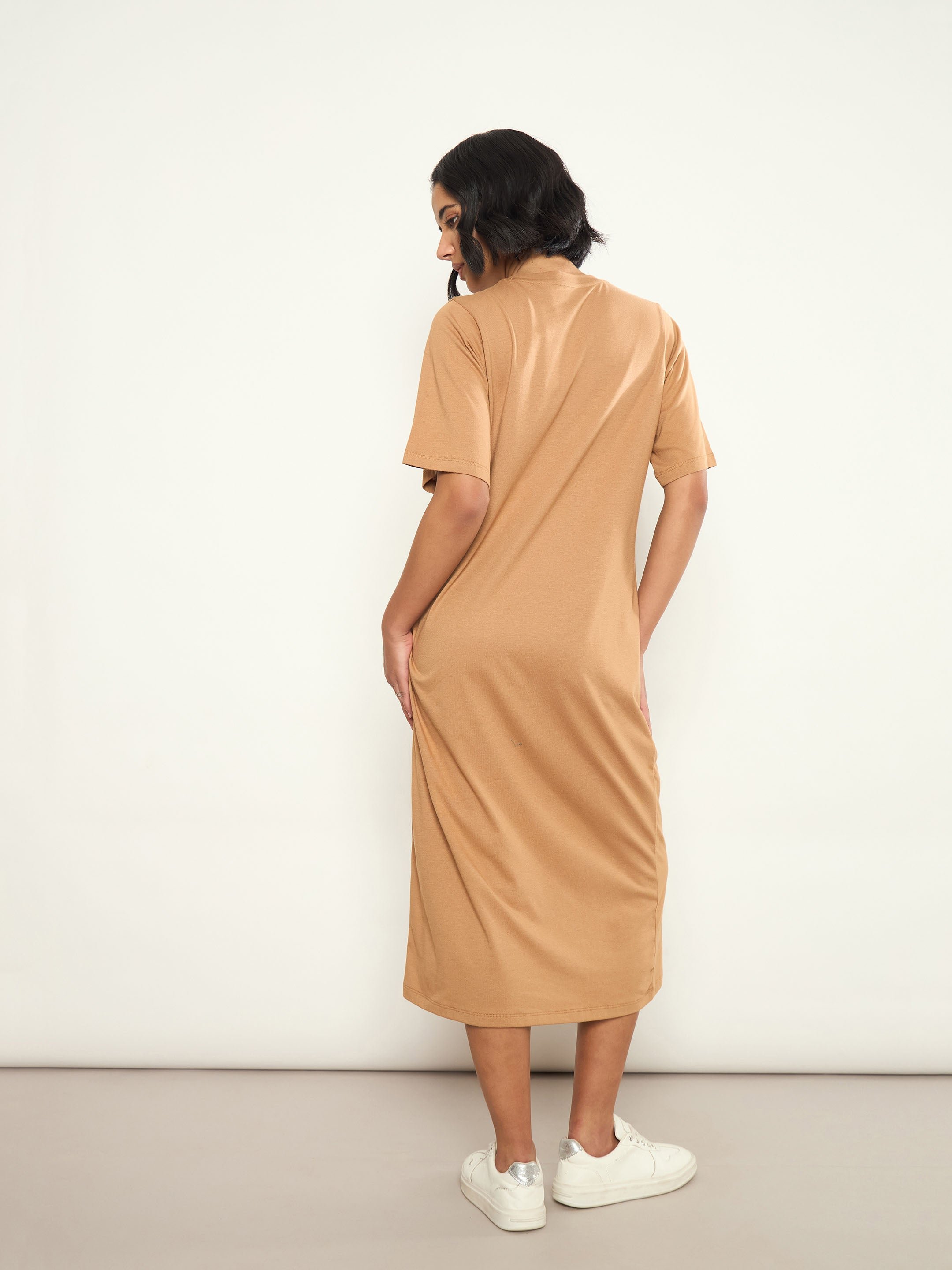 Tan Graphic Print Oversized T-Shirt Midi Dress