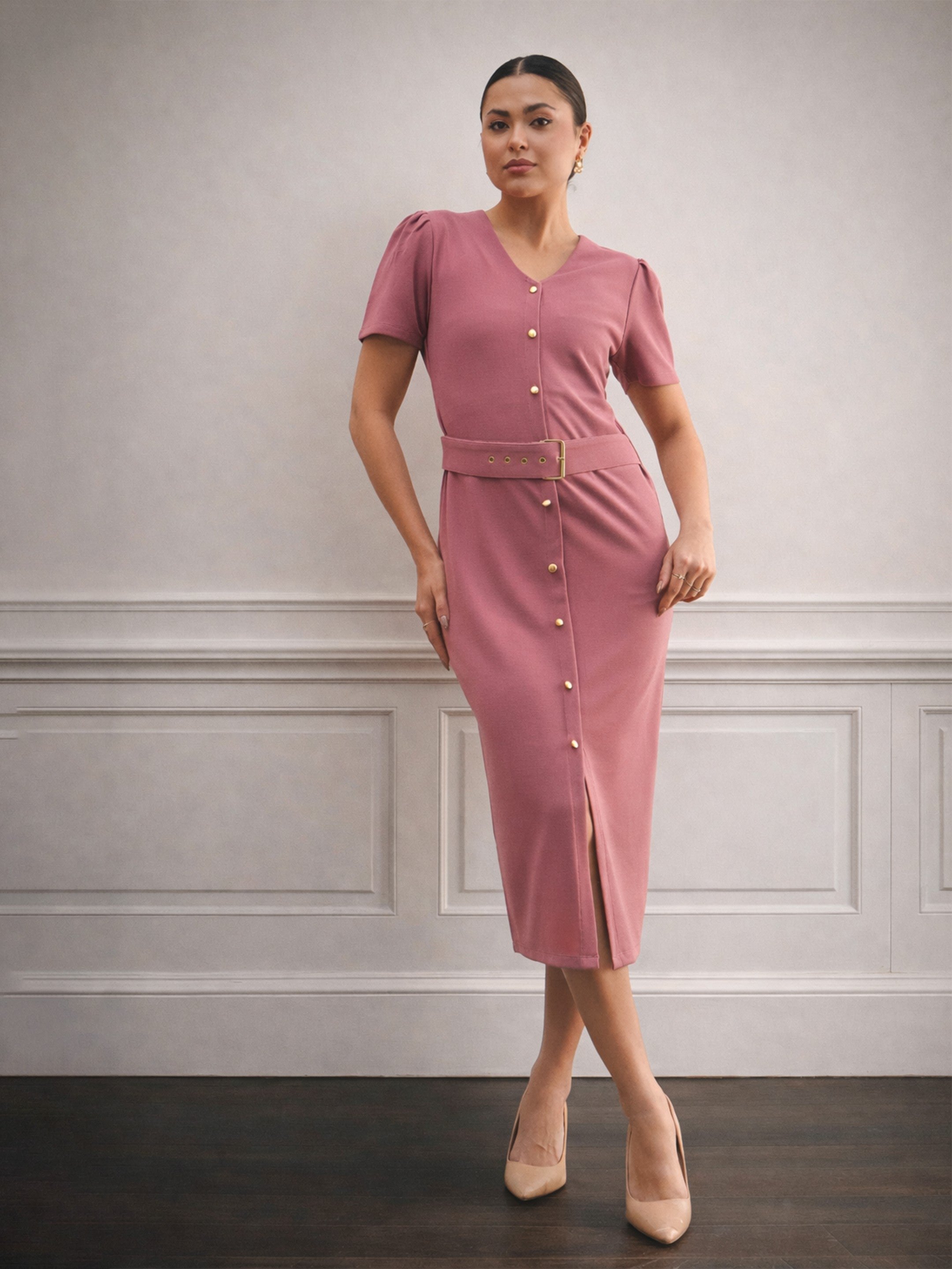 Pink V-Neck Buttoned Belted Midi Dress