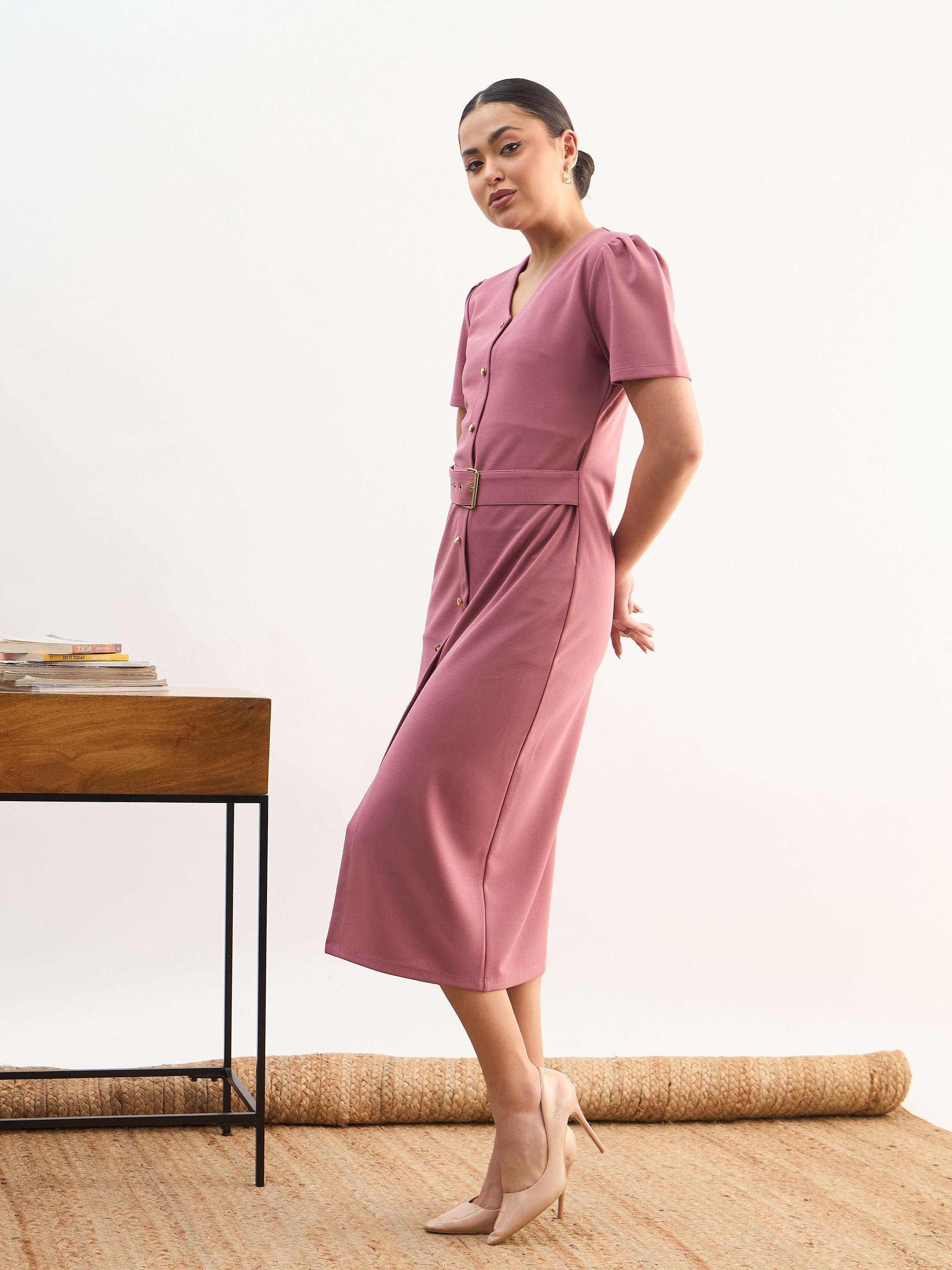 Pink V-Neck Buttoned Belted Midi Dress