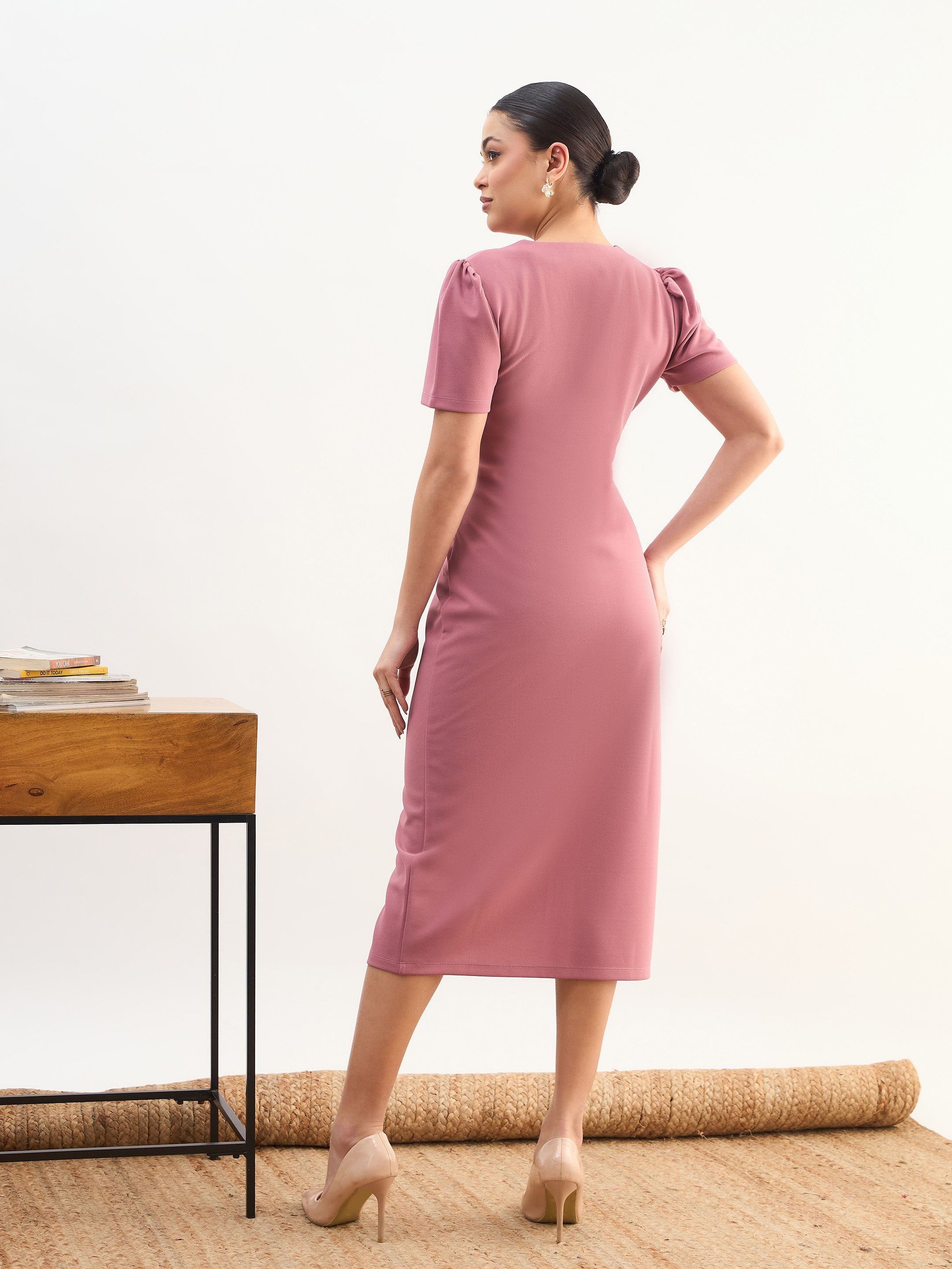 Pink V-Neck Buttoned Belted Midi Dress