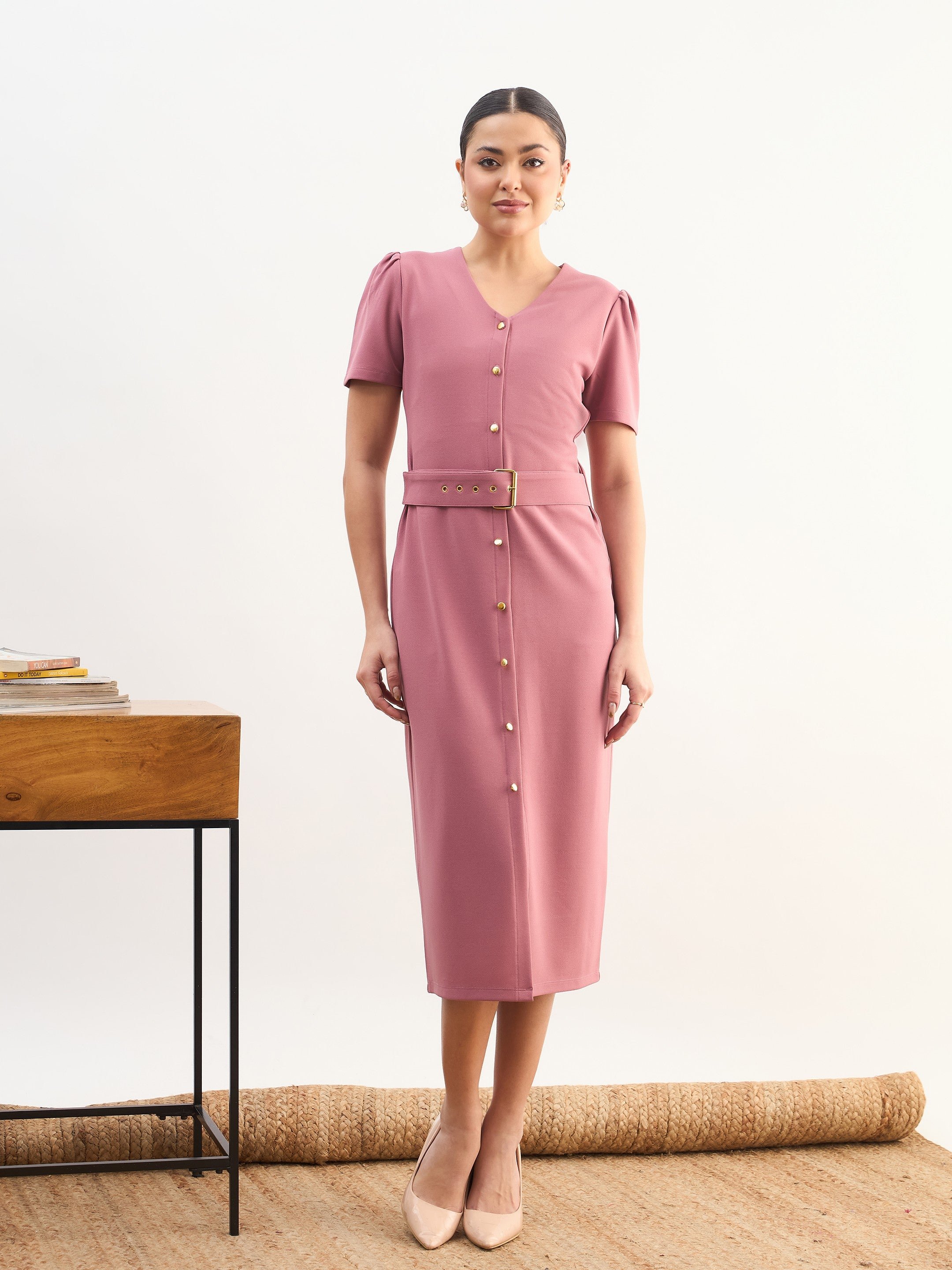Pink V-Neck Buttoned Belted Midi Dress