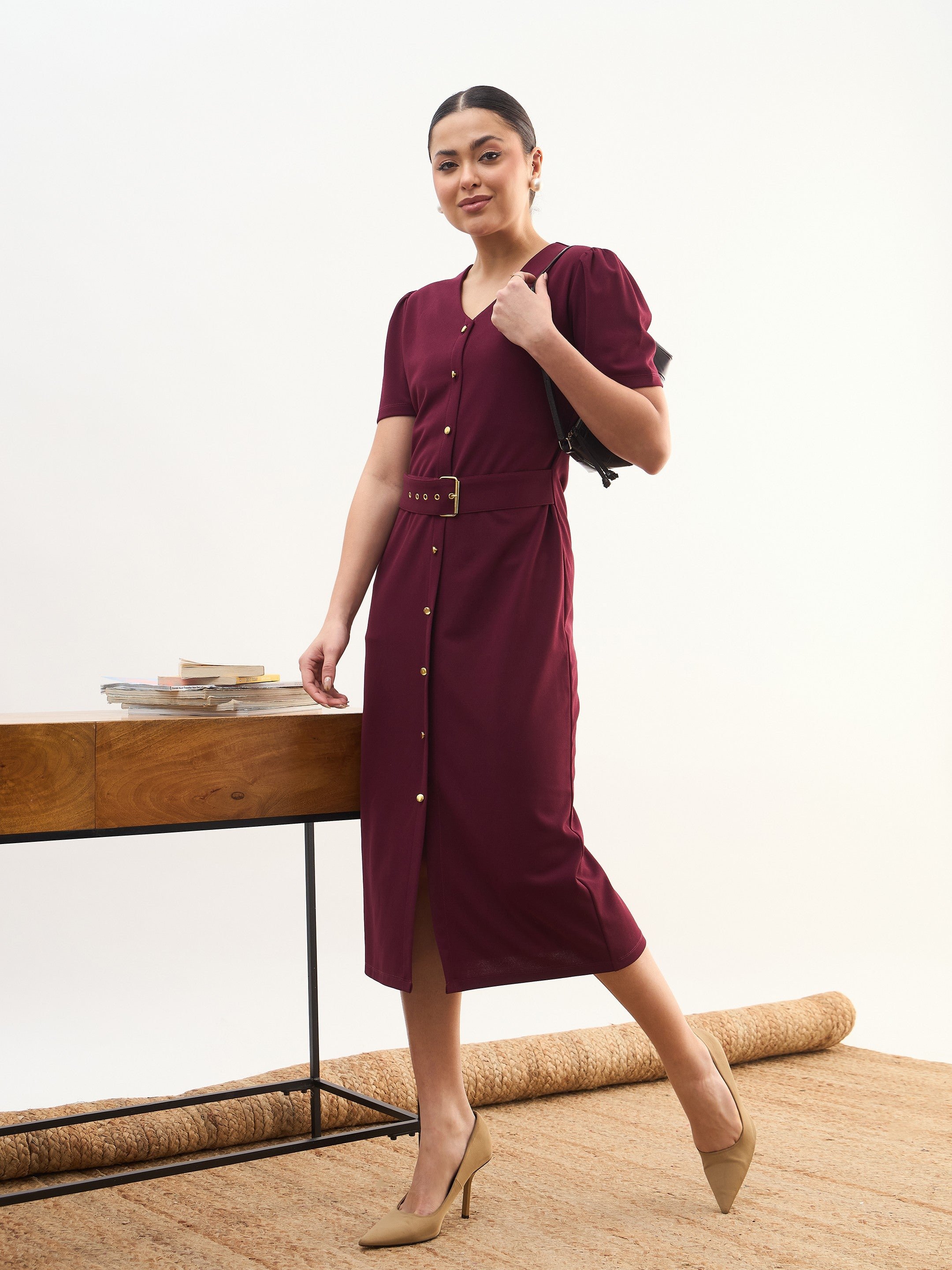 Maroon V-Neck Buttoned Belted Midi Dress
