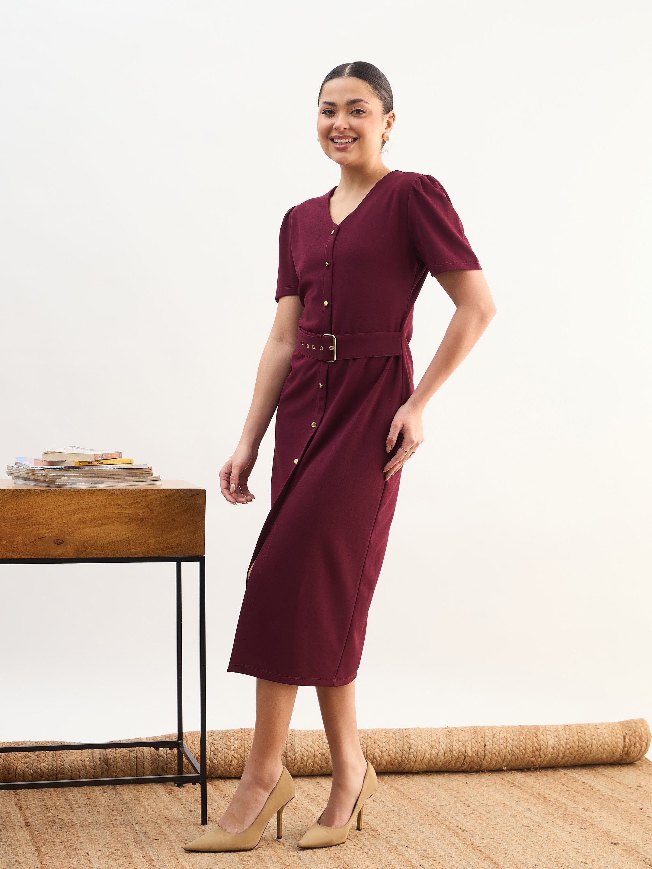 Maroon V-Neck Buttoned Belted Midi Dress