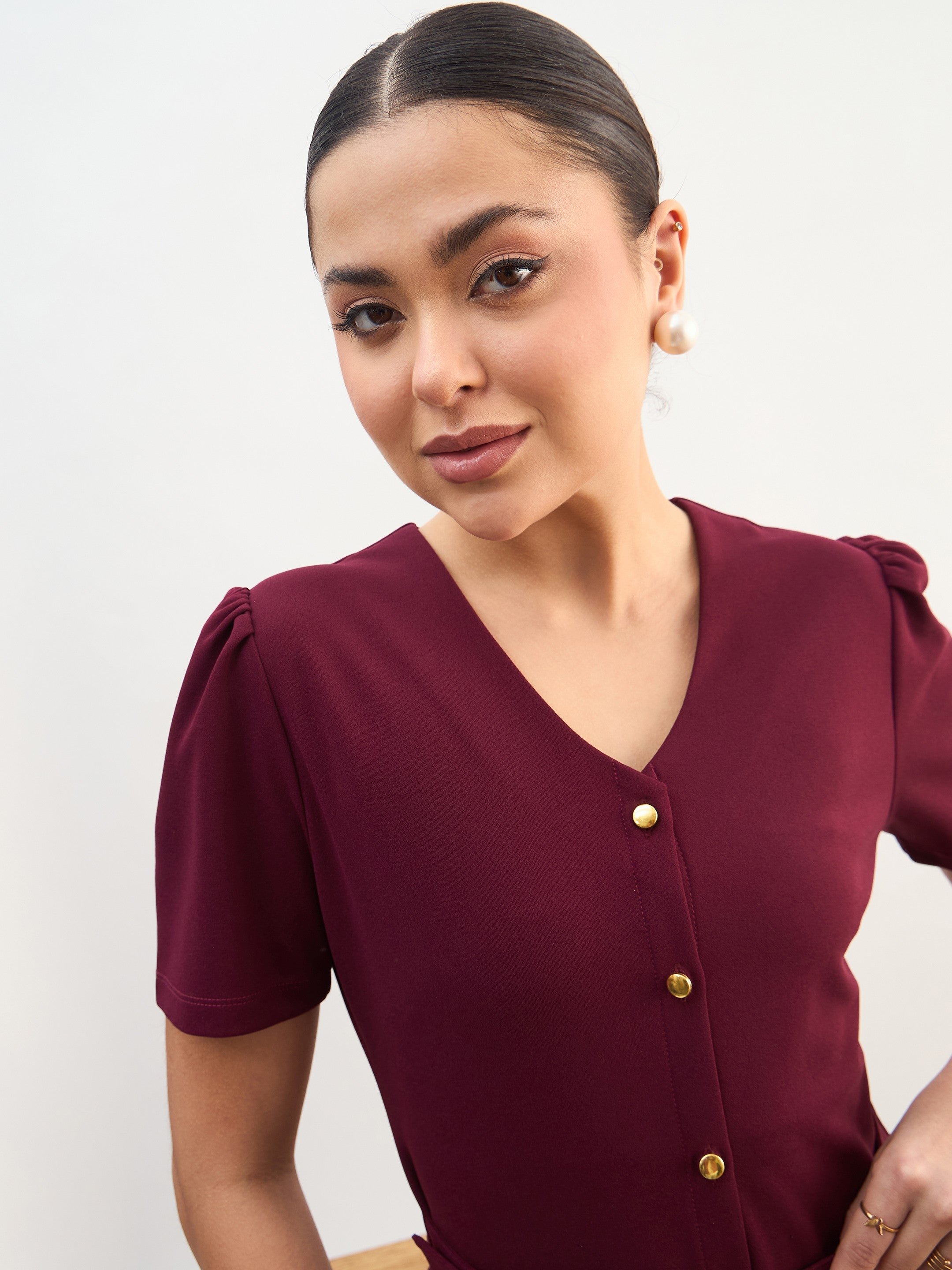 Maroon V-Neck Buttoned Belted Midi Dress