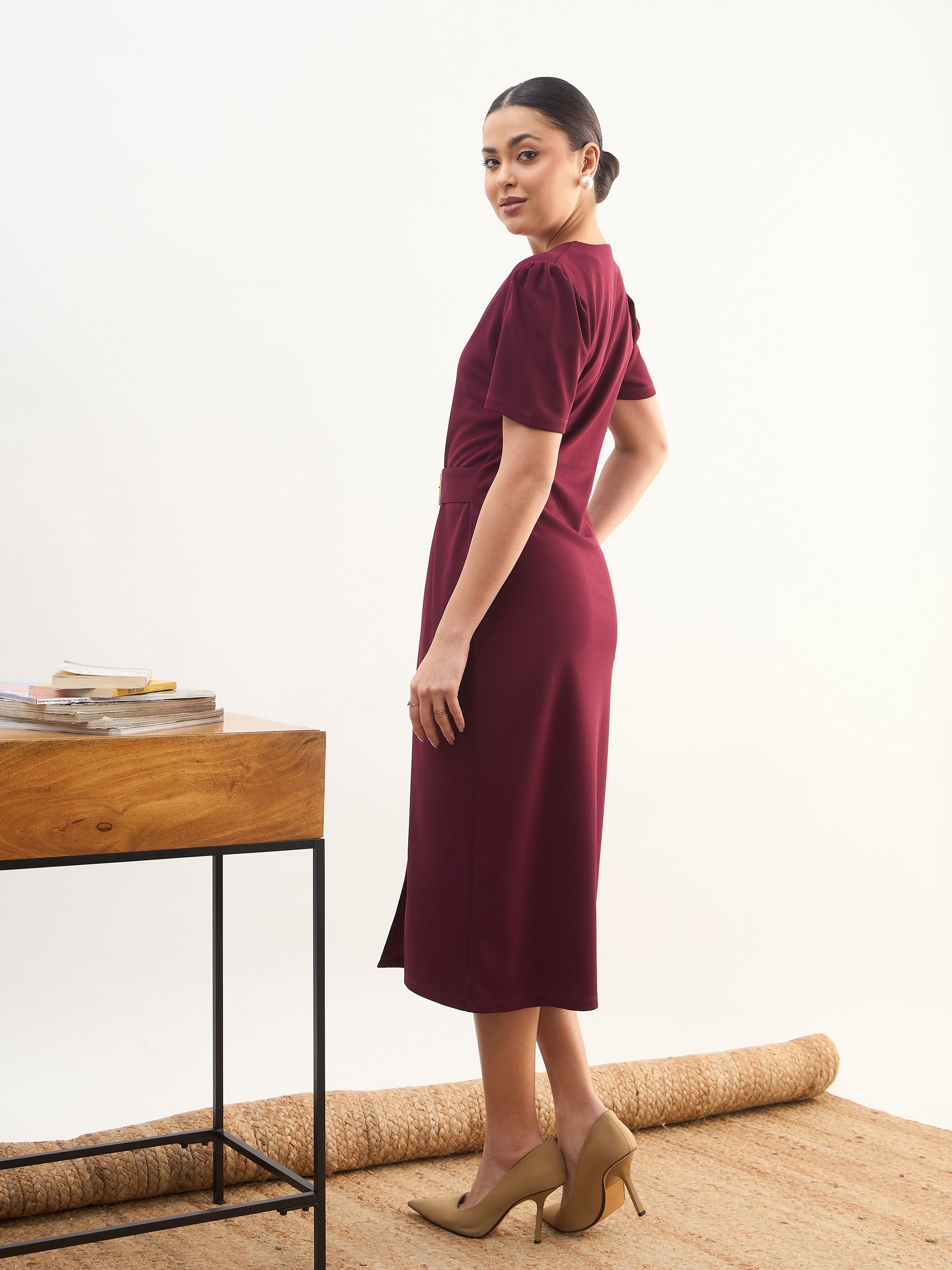 Maroon V-Neck Buttoned Belted Midi Dress