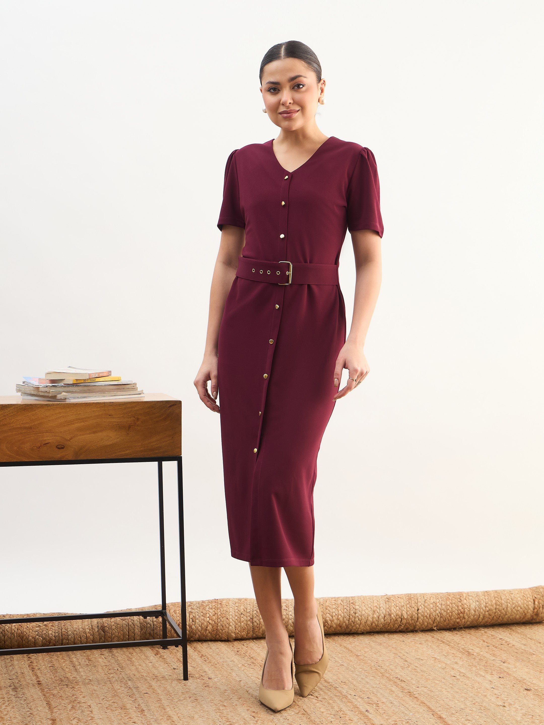 Maroon V-Neck Buttoned Belted Midi Dress