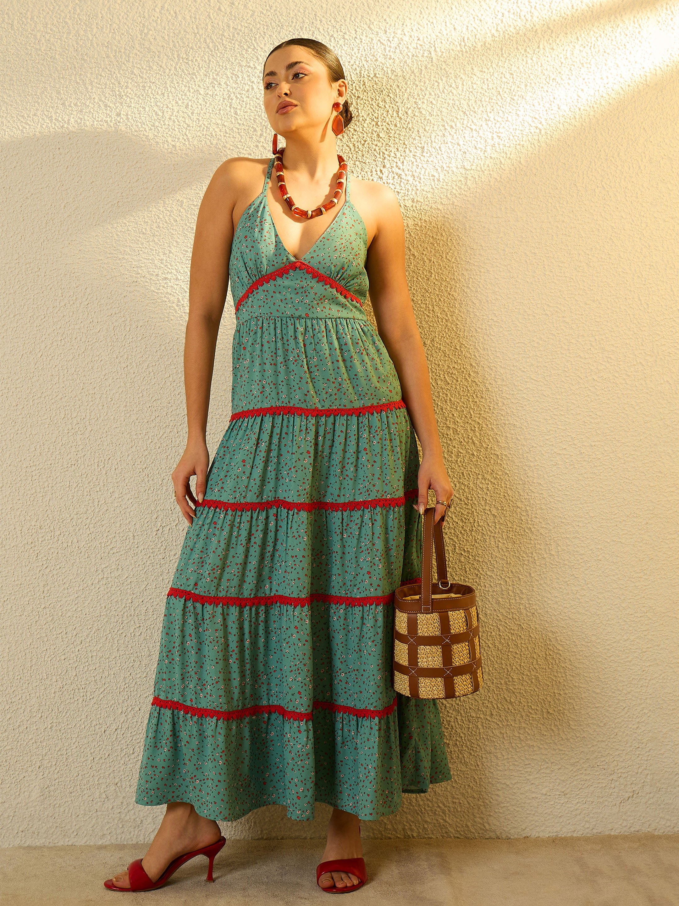 Turquoise Blue Ditsy Floral Strappy Tiered Maxi Dress