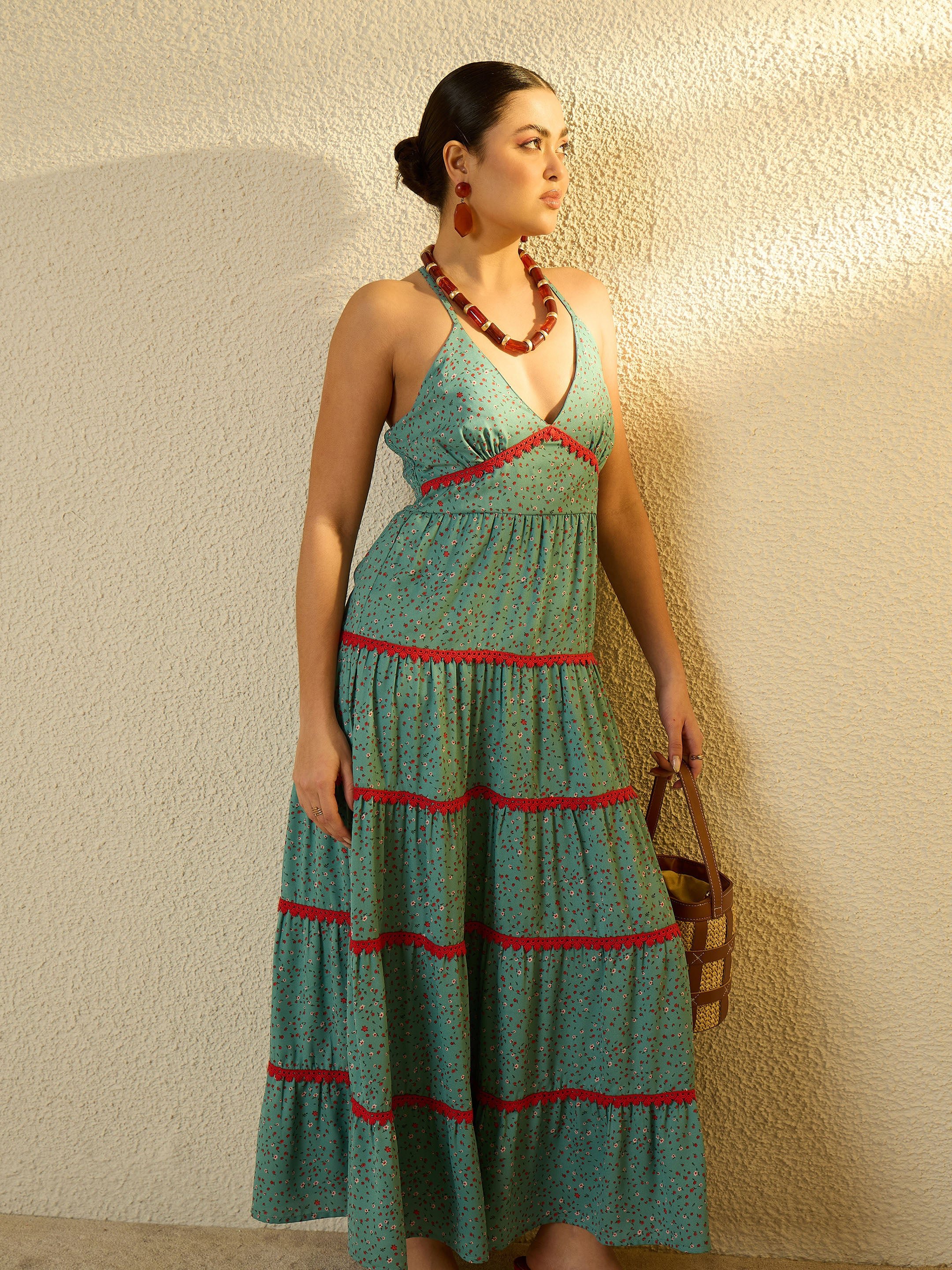 Turquoise Blue Ditsy Floral Strappy Tiered Maxi Dress