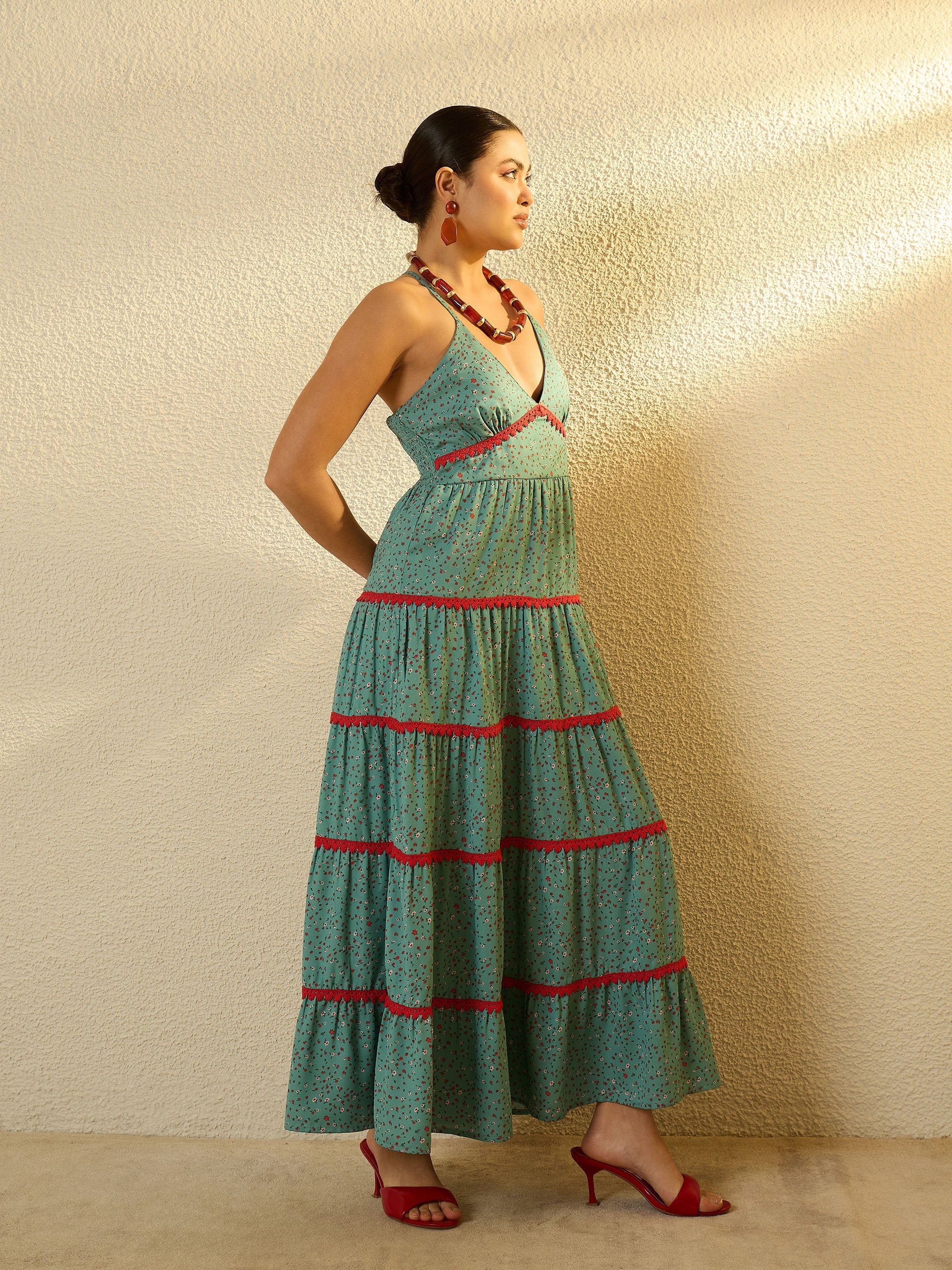 Turquoise Blue Ditsy Floral Strappy Tiered Maxi Dress