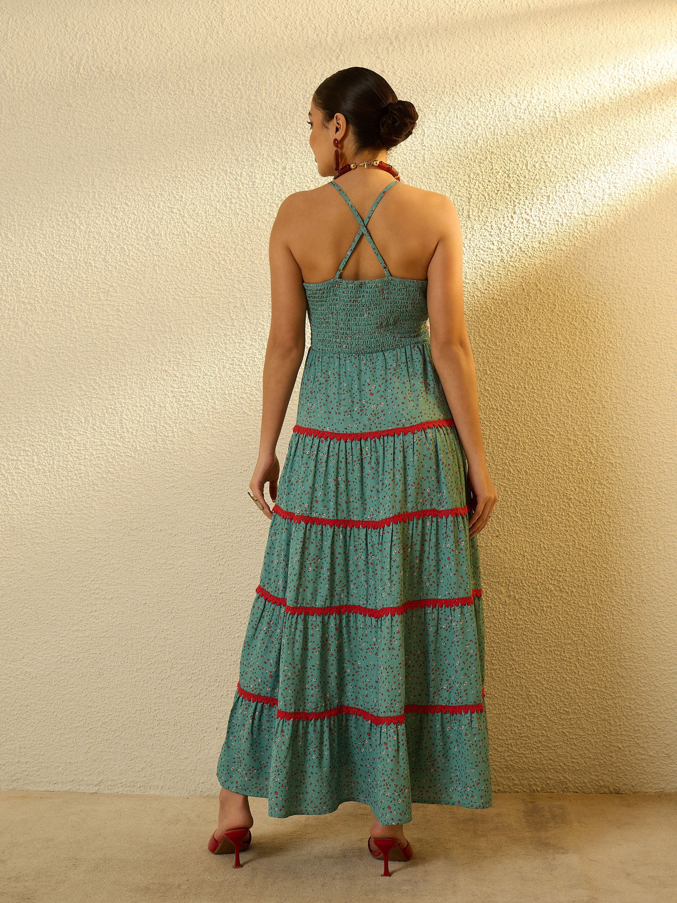 Turquoise Blue Ditsy Floral Strappy Tiered Maxi Dress