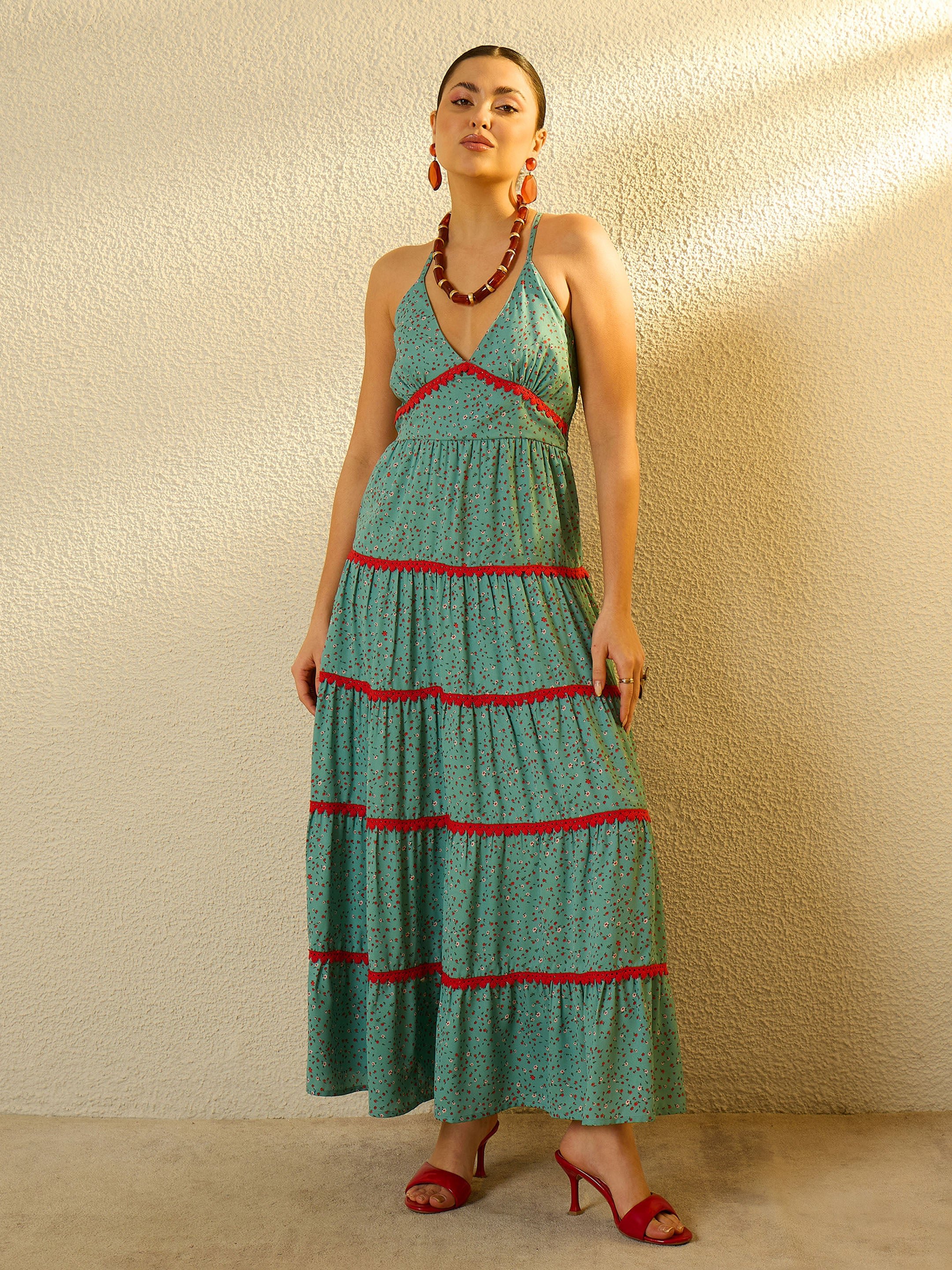 Turquoise Blue Ditsy Floral Strappy Tiered Maxi Dress