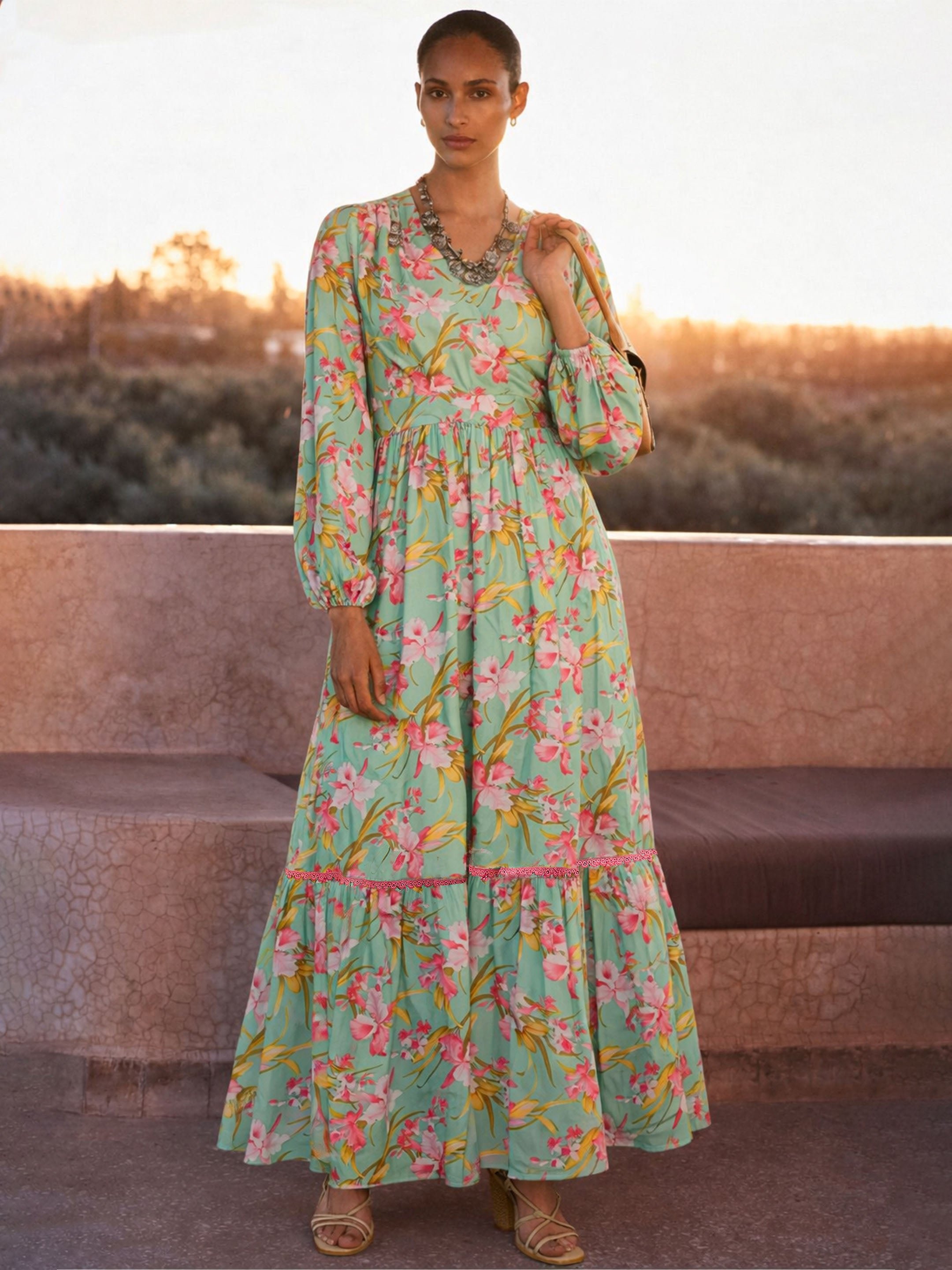 Sea Green and Pink Floral Wrap Neck Maxi Dress