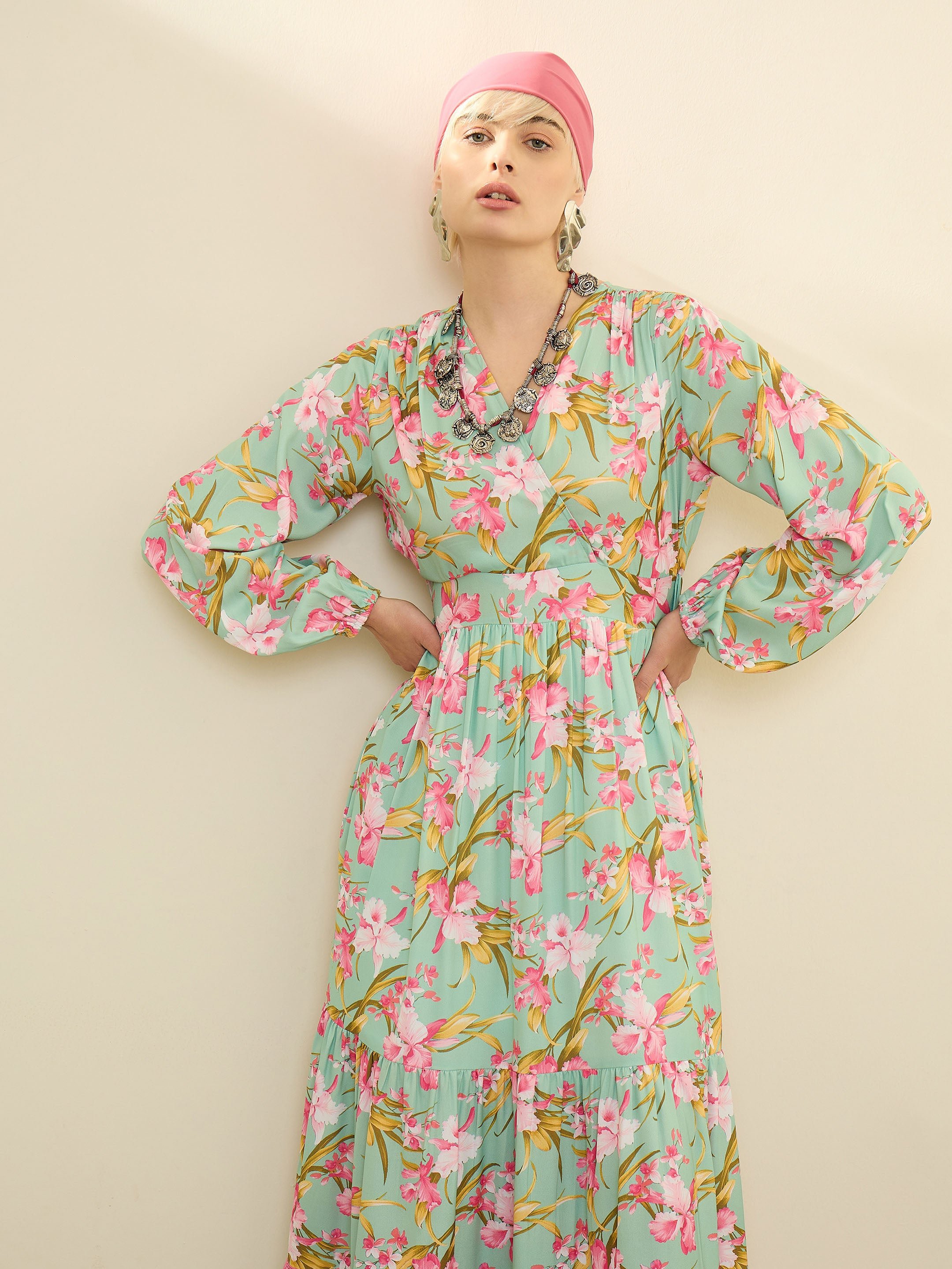 Sea Green and Pink Floral Wrap Neck Maxi Dress