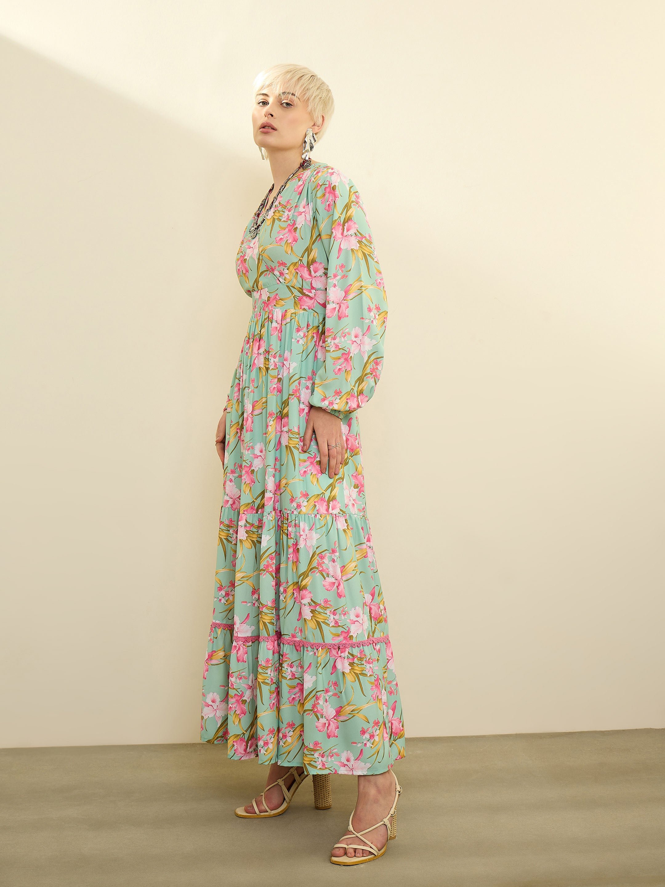 Sea Green and Pink Floral Wrap Neck Maxi Dress