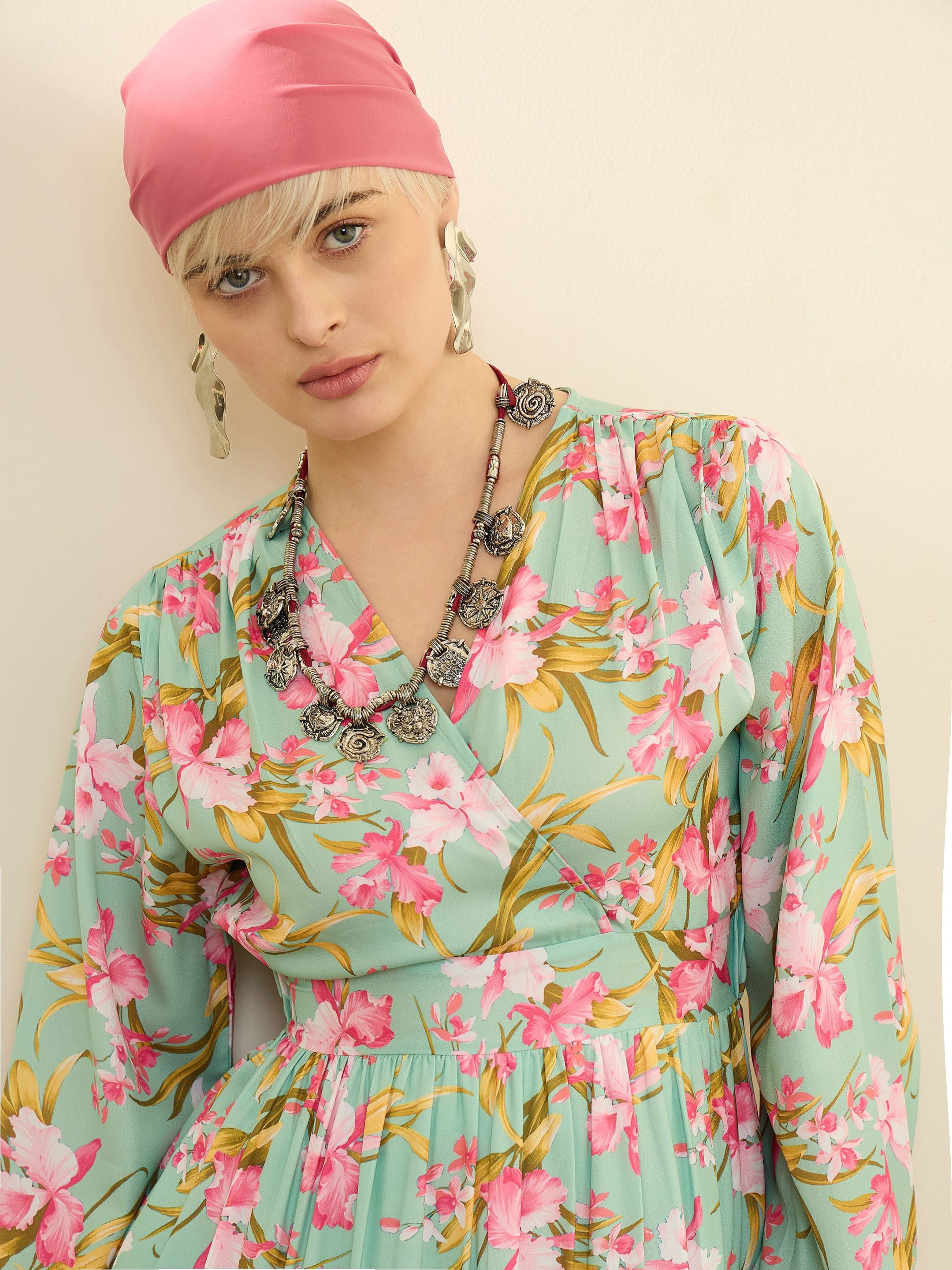 Sea Green and Pink Floral Wrap Neck Maxi Dress