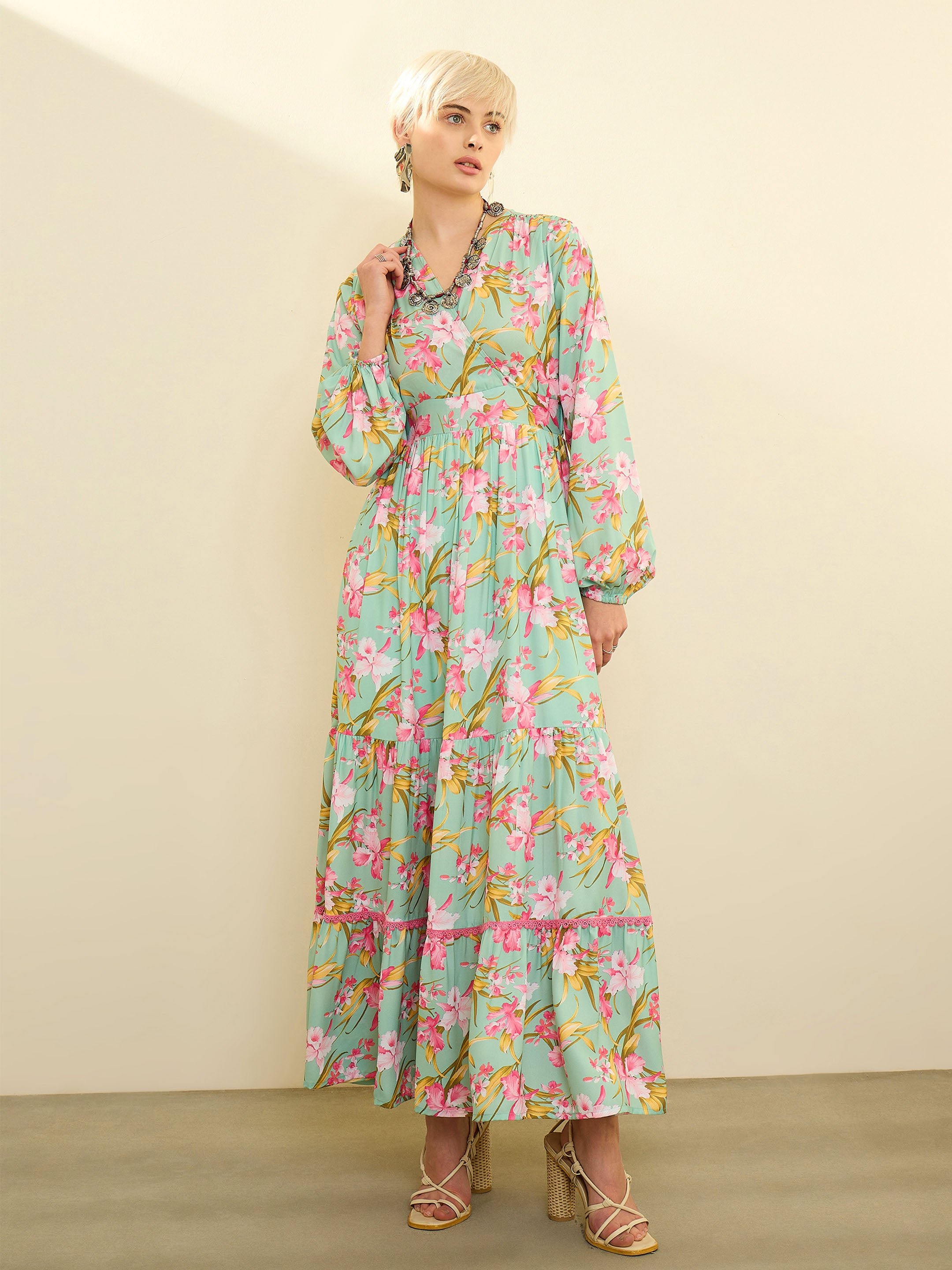 Sea Green and Pink Floral Wrap Neck Maxi Dress