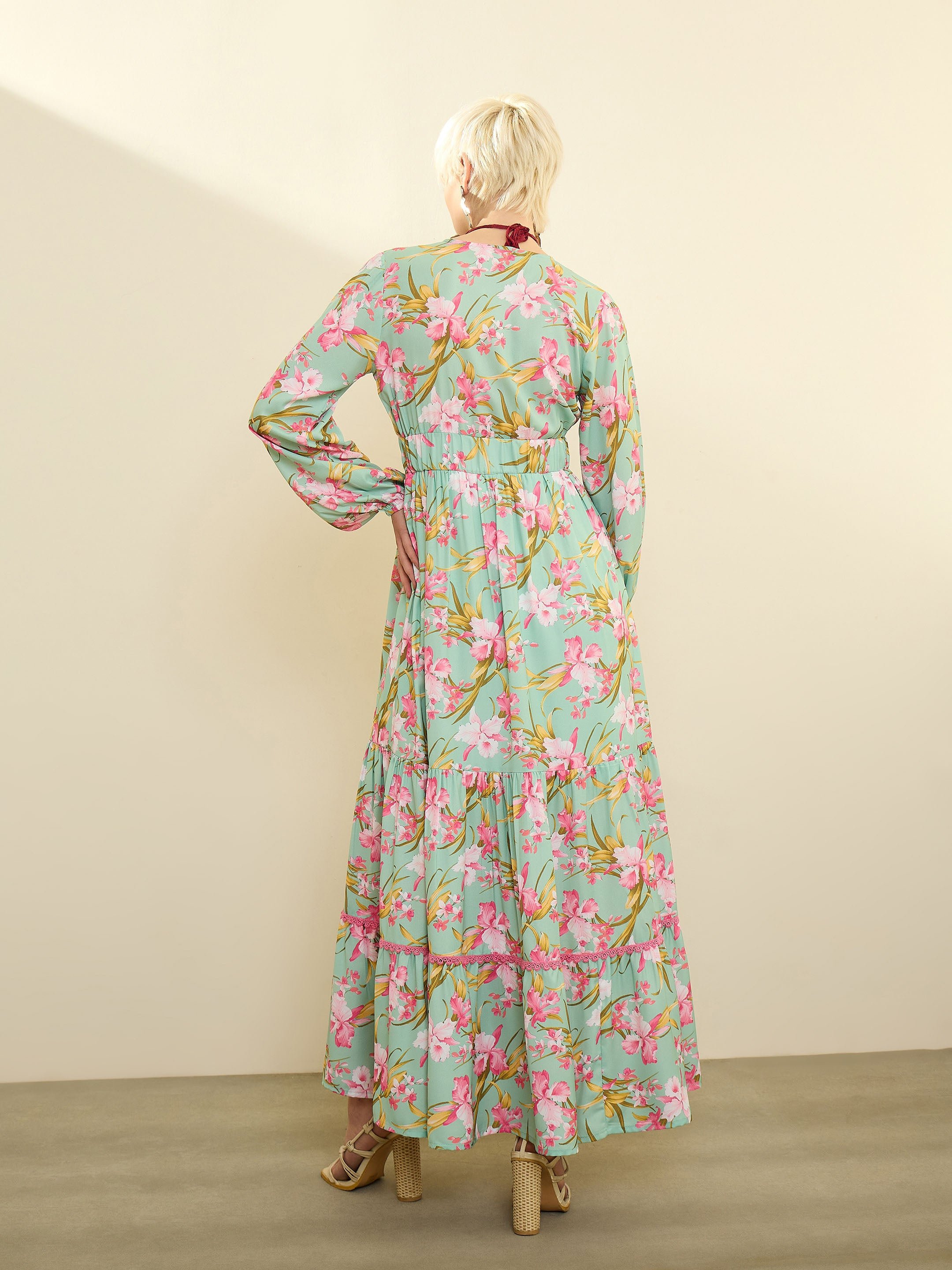Sea Green and Pink Floral Wrap Neck Maxi Dress