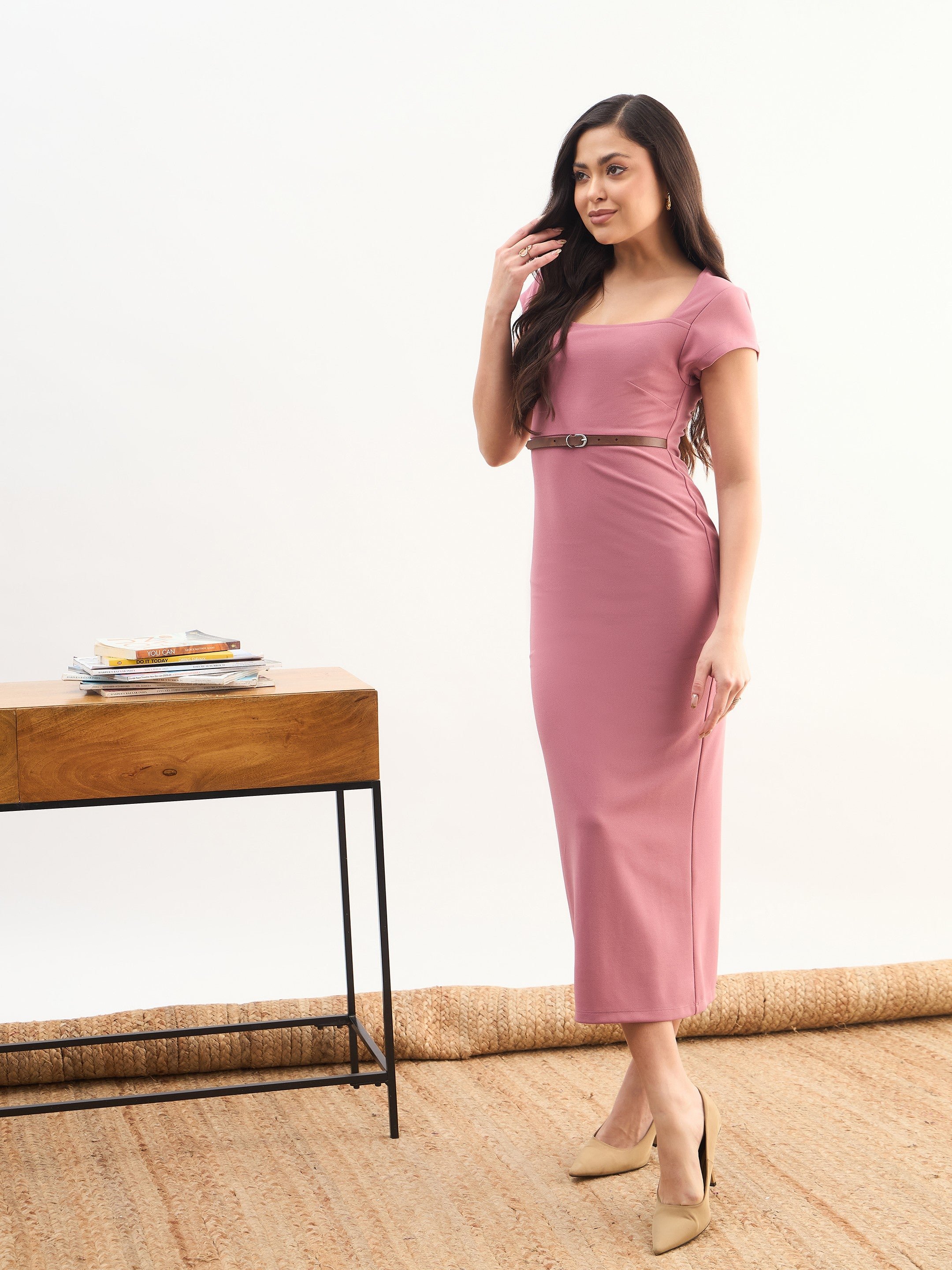 Pink Rhombus Neck Belted Bodycon Midi Dress