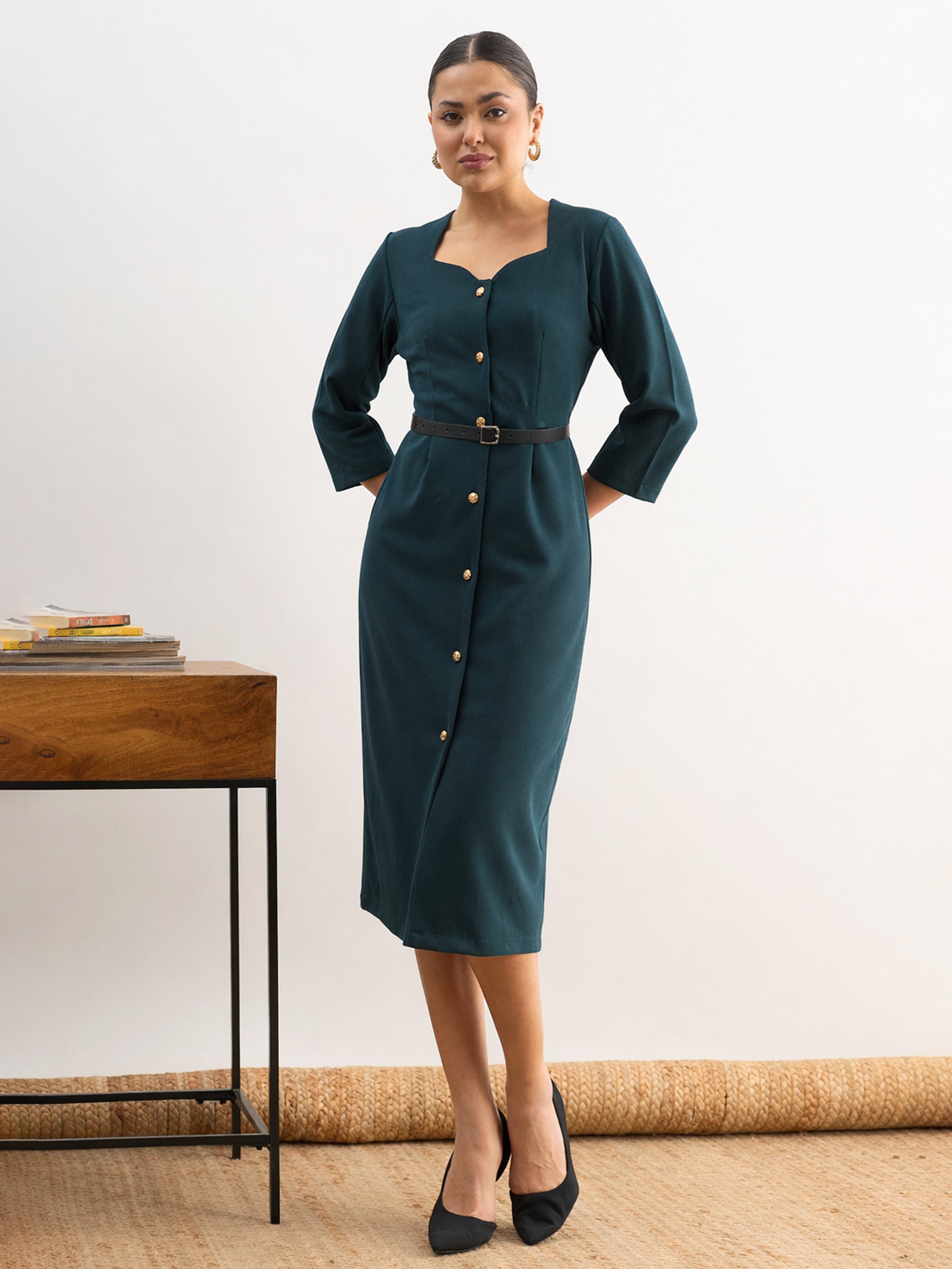 Emerald Green Sweetheart Neck Midi Dress with PU Belt