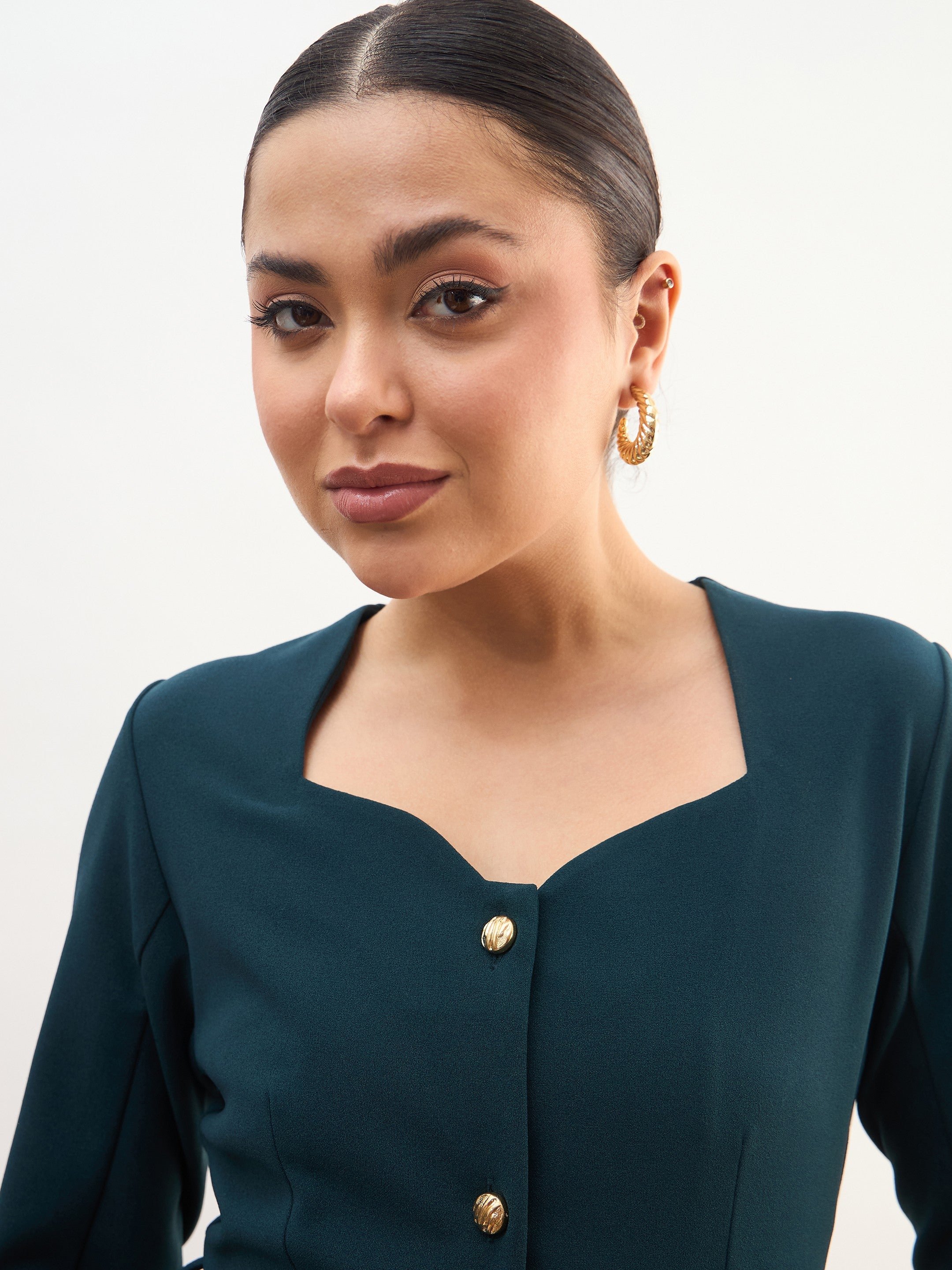 Emerald Green Sweetheart Neck Midi Dress with PU Belt