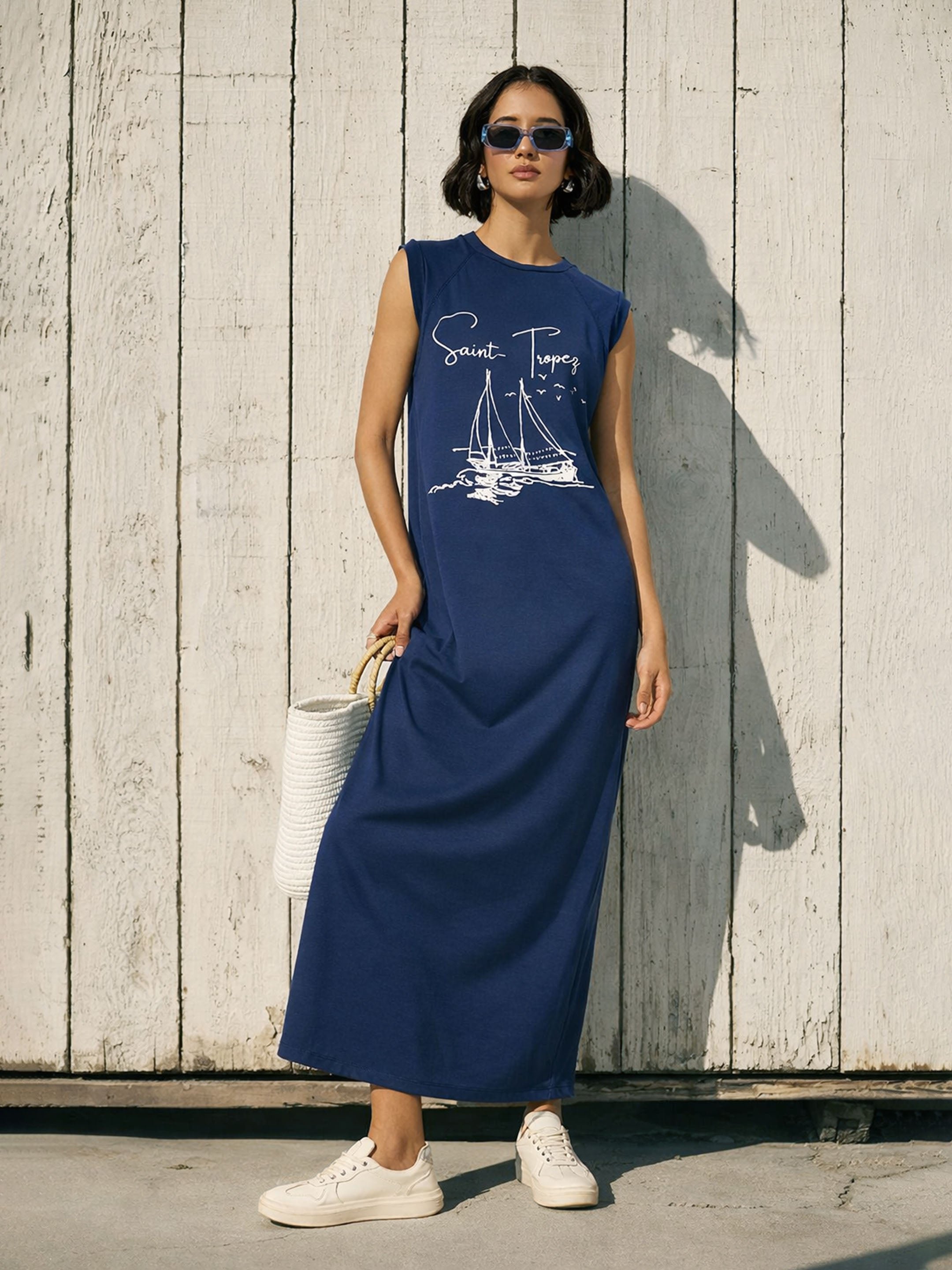 Navy Blue Graphic Print Sleeveless T-Shirt Maxi Dress
