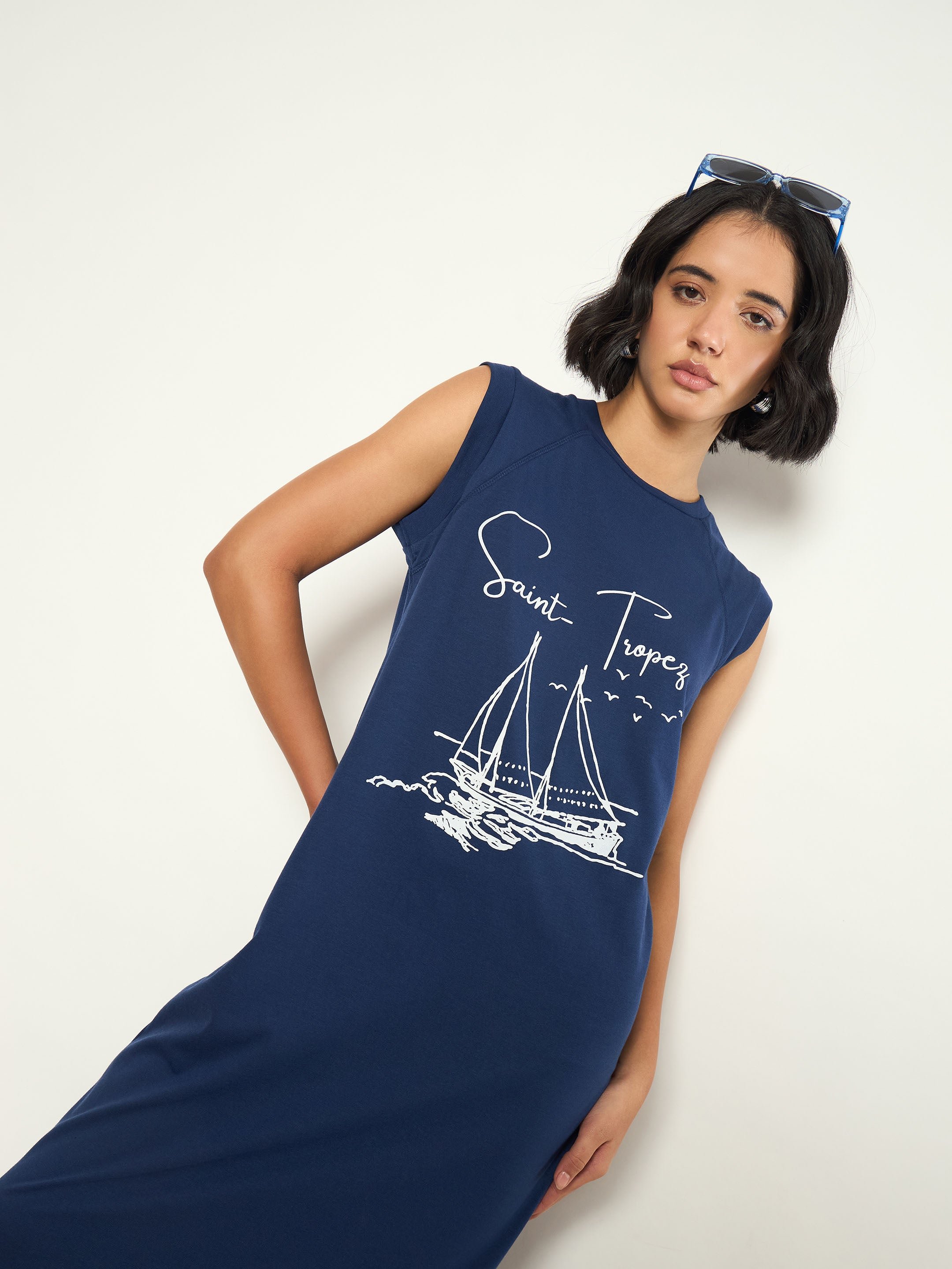 Navy Blue Graphic Print Sleeveless T-Shirt Maxi Dress