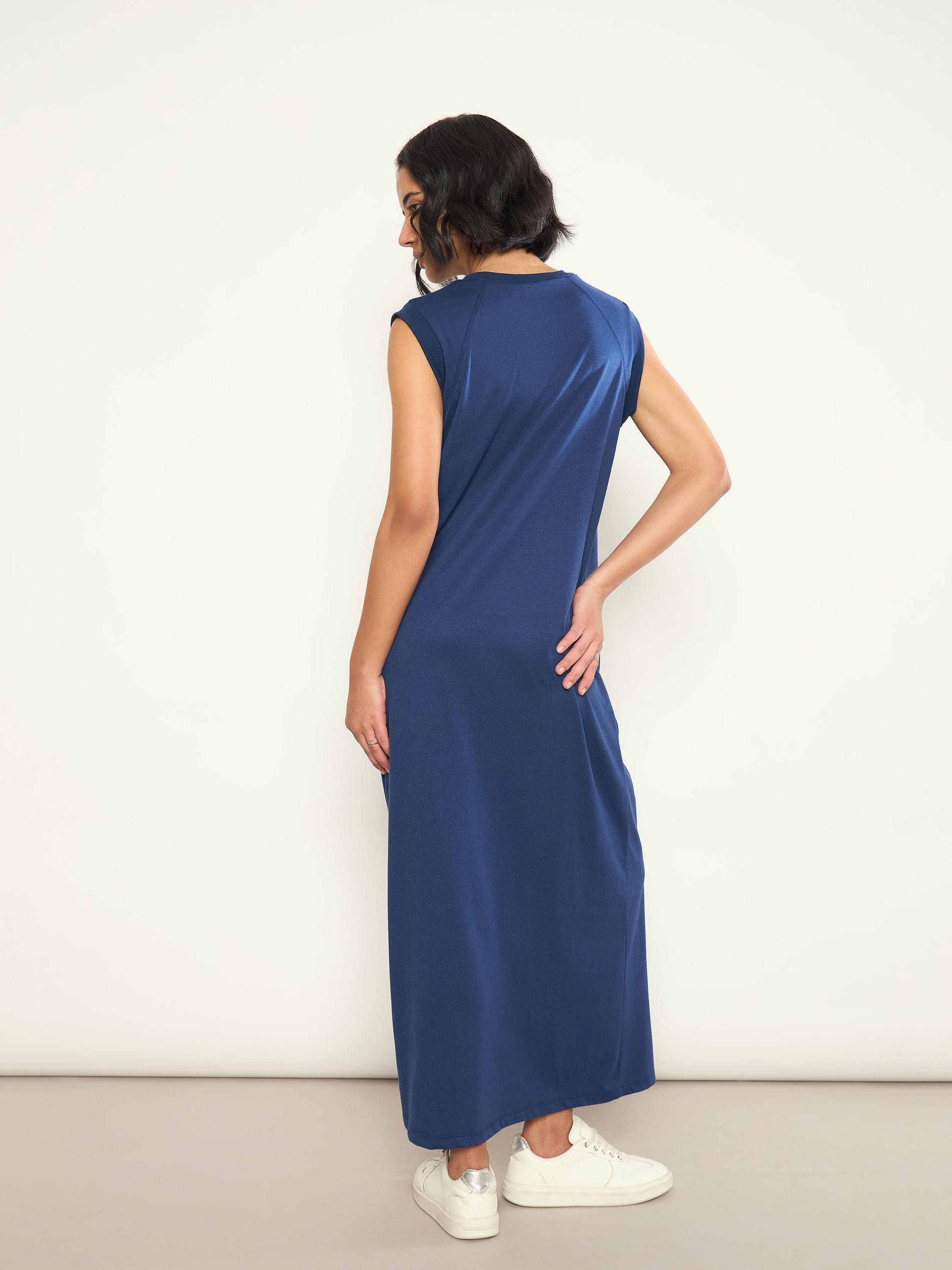 Navy Blue Graphic Print Sleeveless T-Shirt Maxi Dress