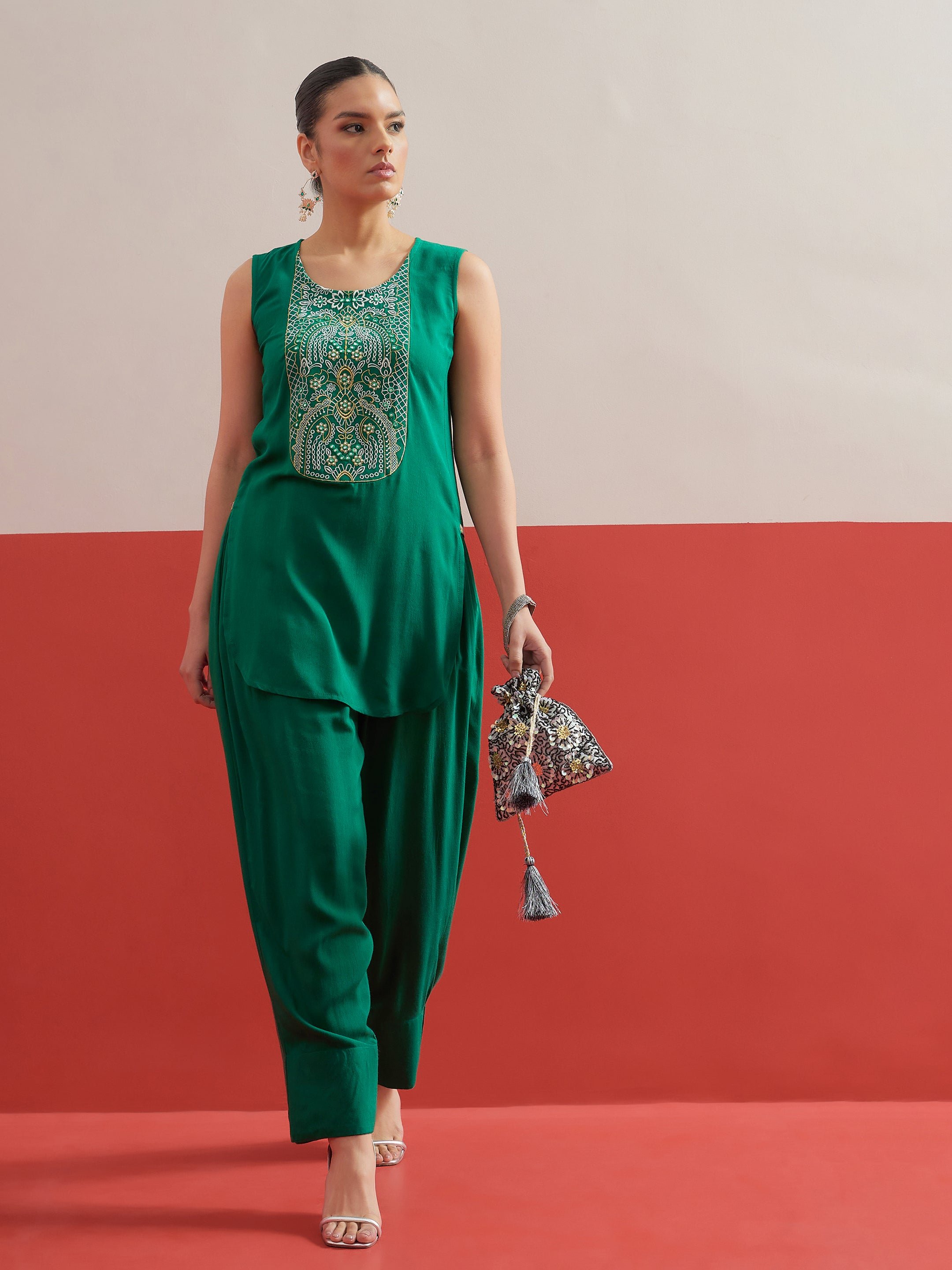 Green Embroidered Short Kurti with Salwar Set