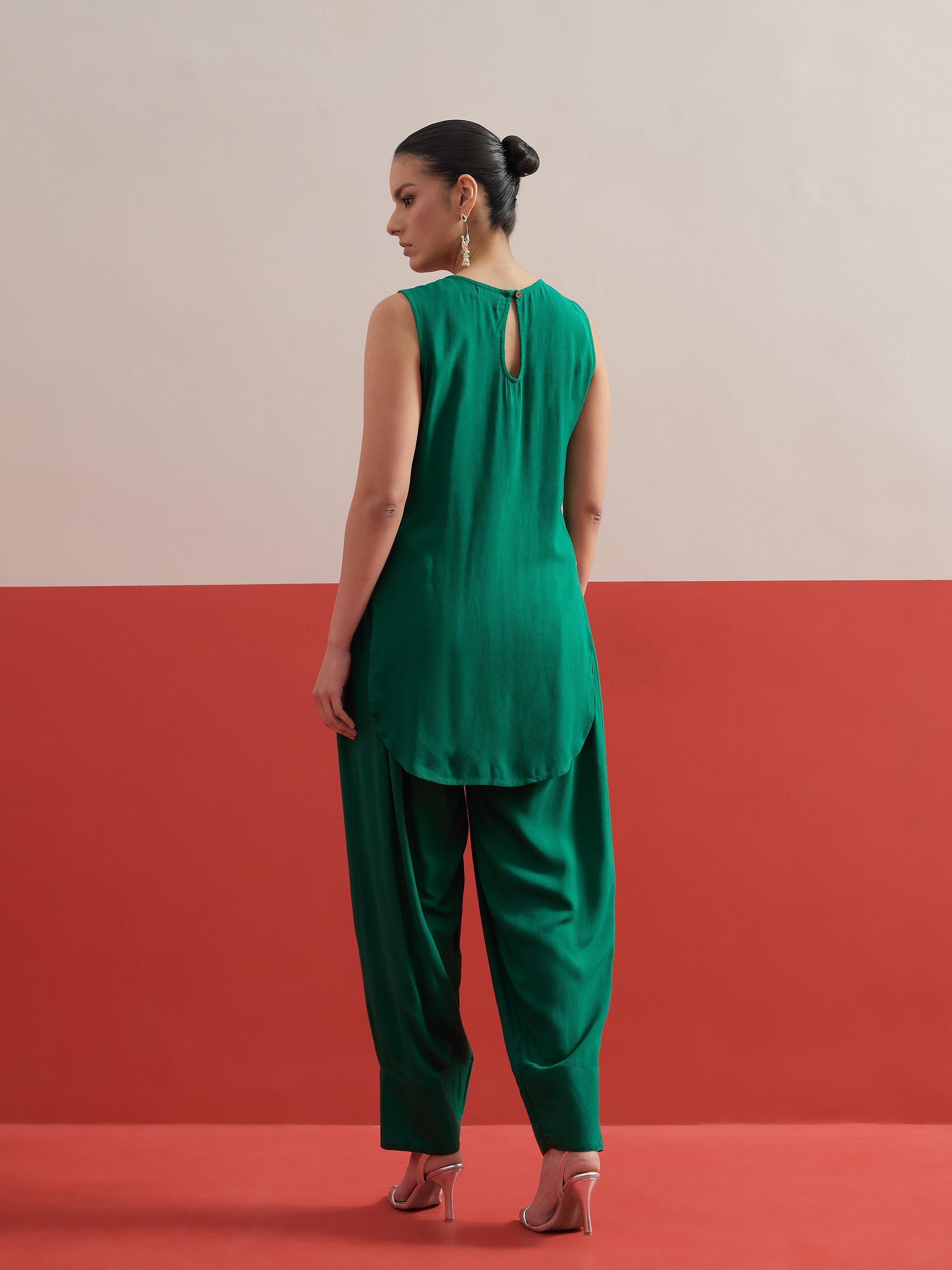 Green Embroidered Short Kurti with Salwar Set