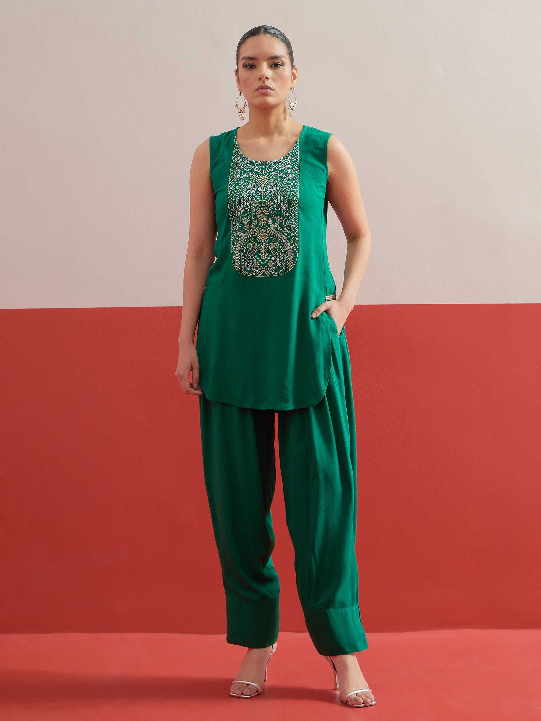 Green Embroidered Short Kurti with Salwar Set