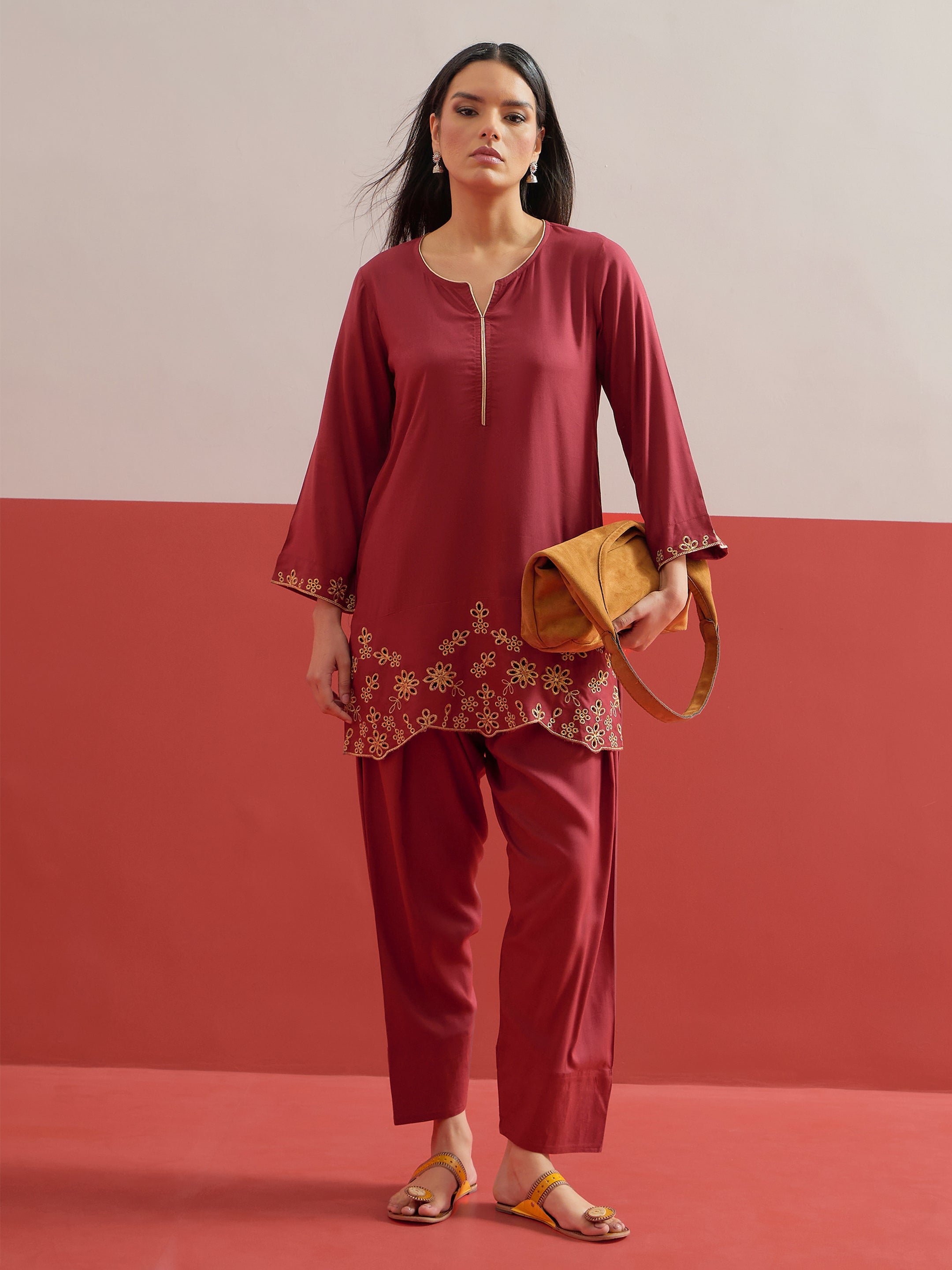 Maroon Zari Embroidered Short Kurti with Salwar Set