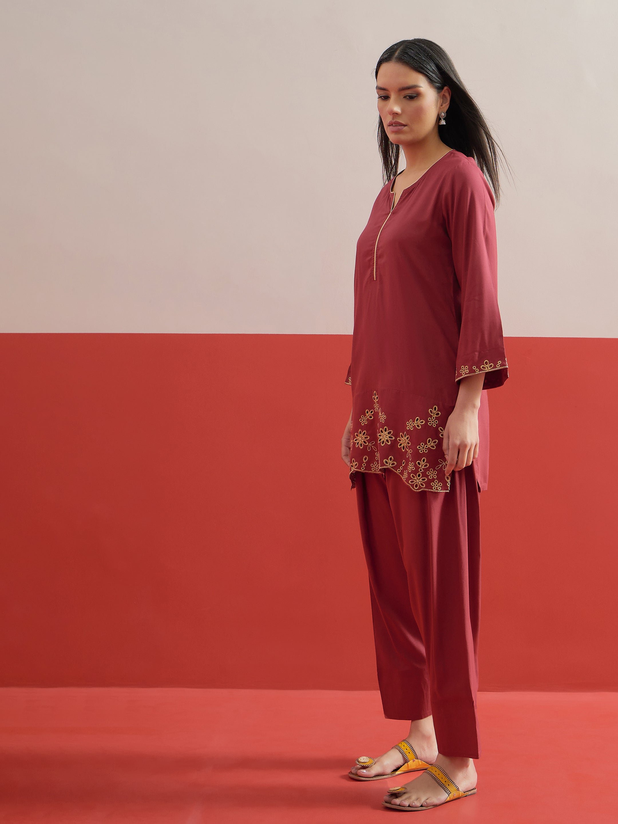 Maroon Zari Embroidered Short Kurti with Salwar Set