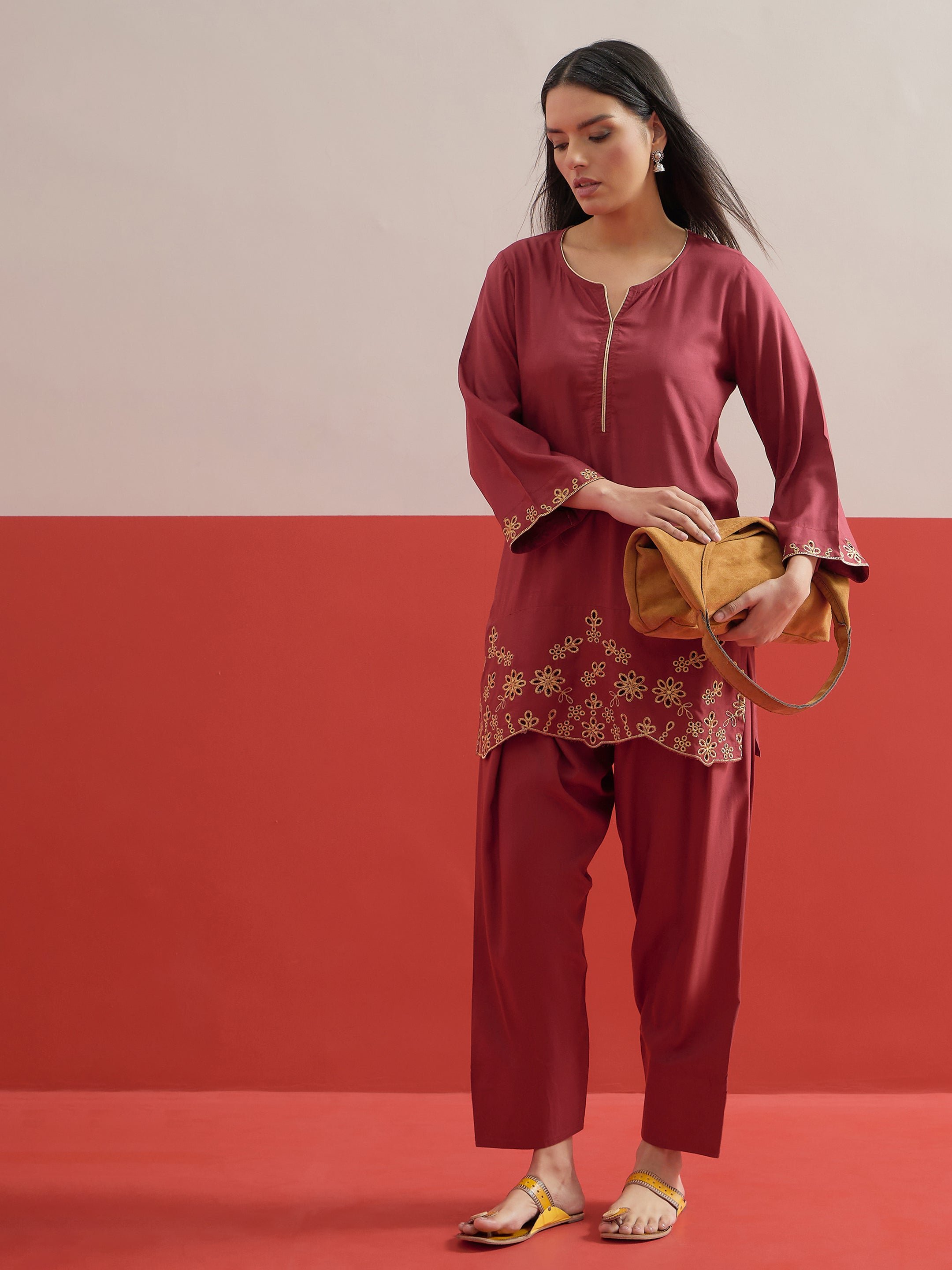 Maroon Zari Embroidered Short Kurti with Salwar Set