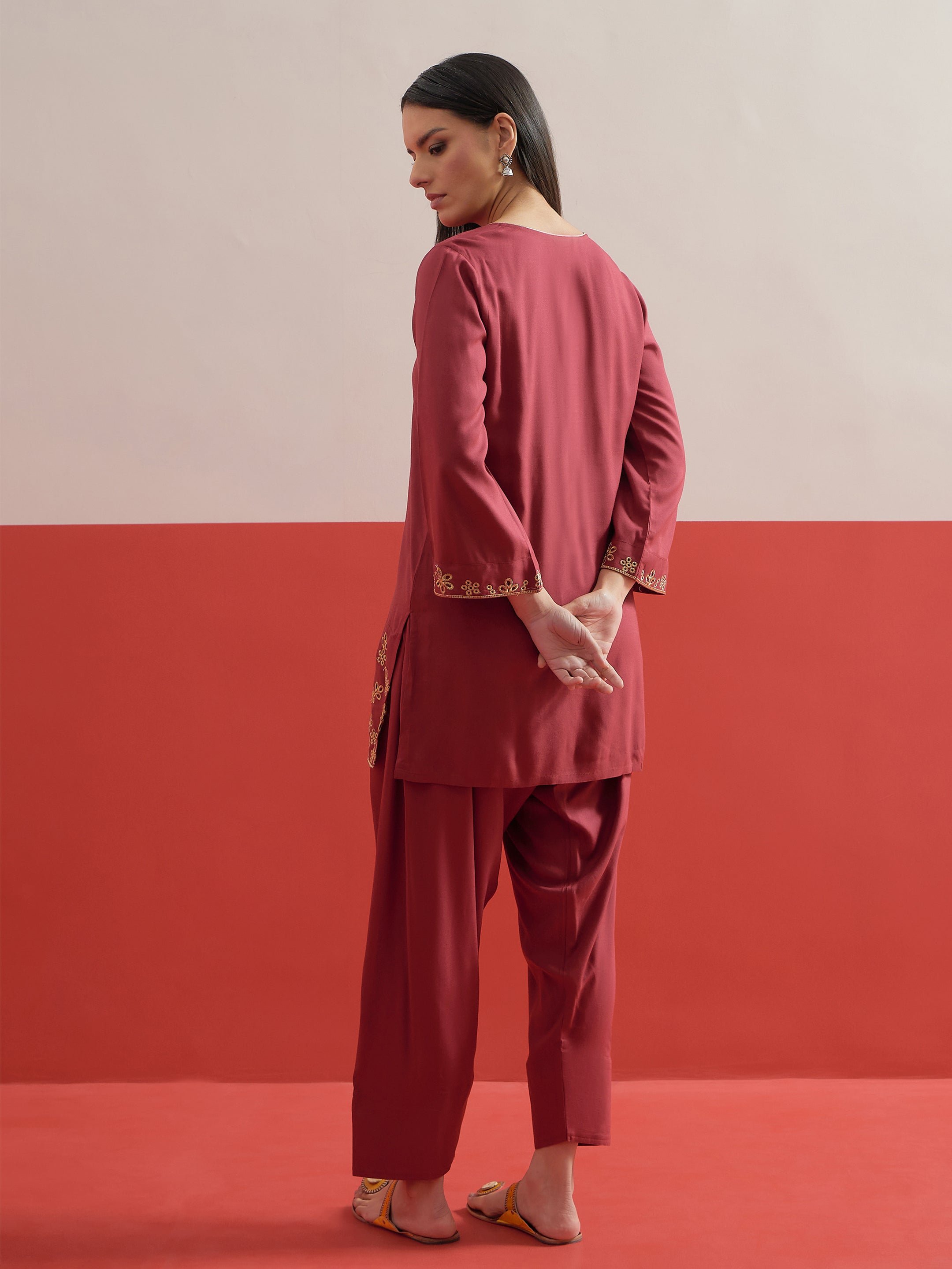 Maroon Zari Embroidered Short Kurti with Salwar Set