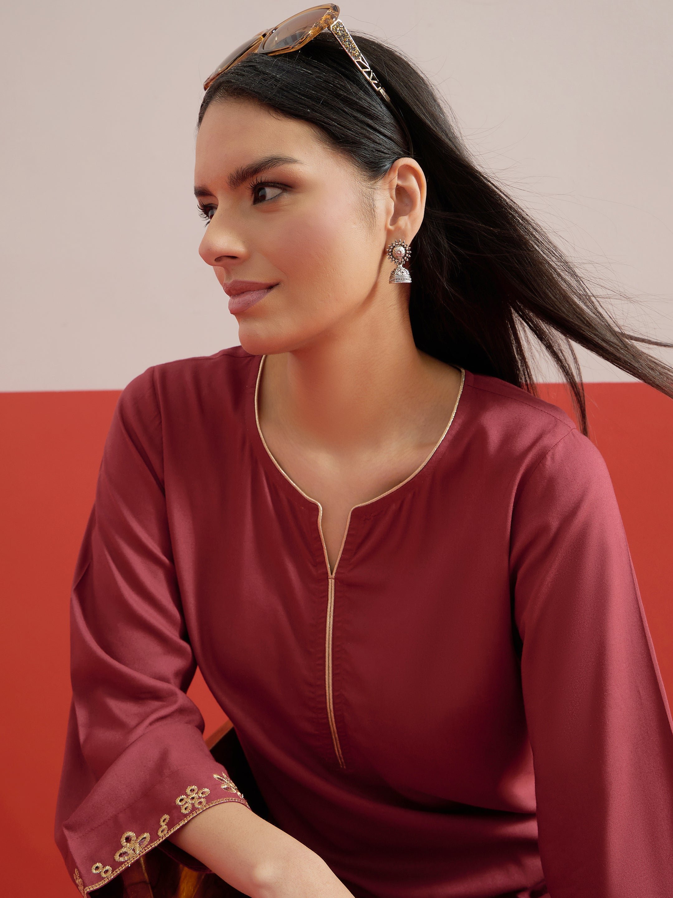 Maroon Zari Embroidered Short Kurti with Salwar Set