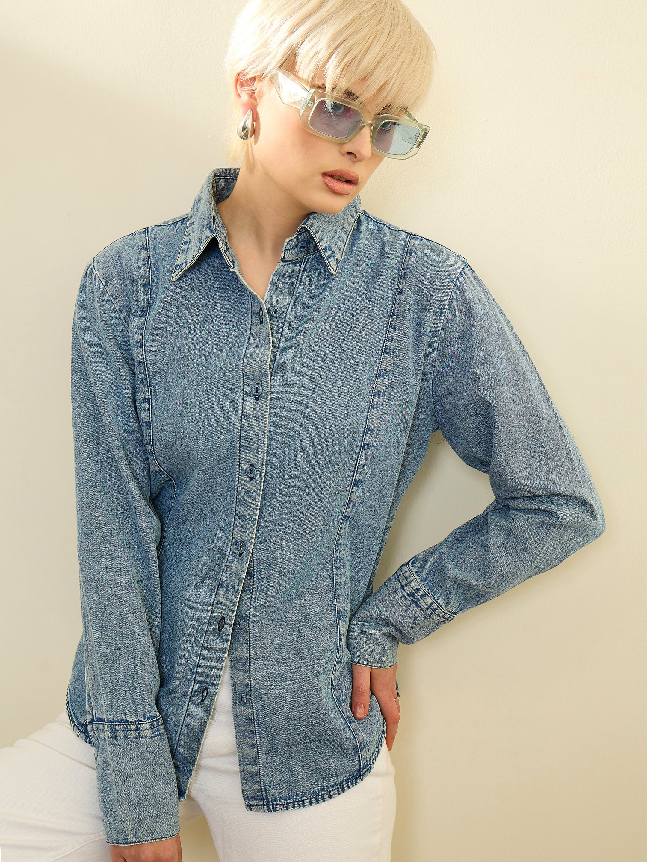Blue Acid Wash Denim Long Sleeve Slim Fit Shirt
