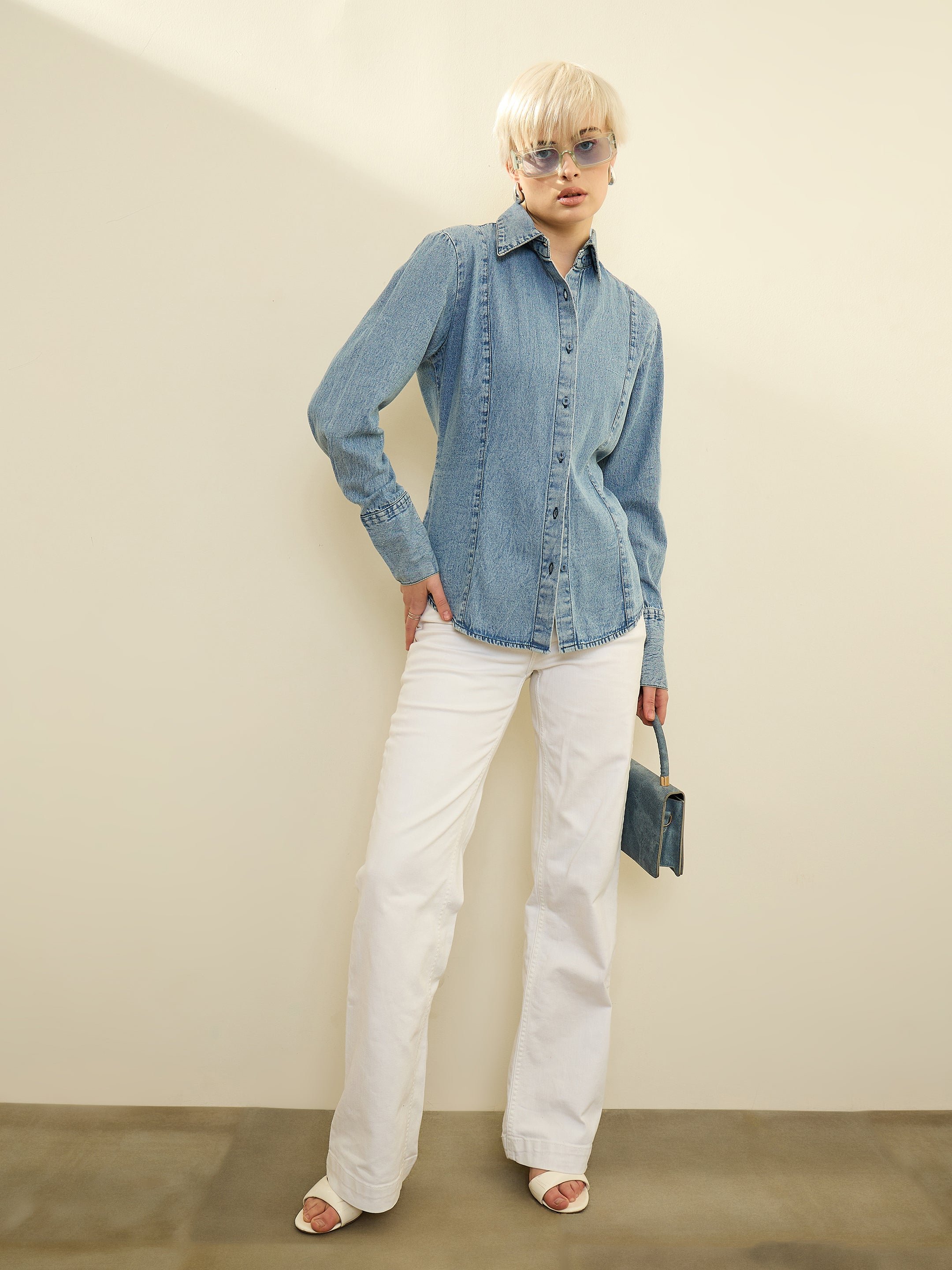 Blue Acid Wash Denim Long Sleeve Slim Fit Shirt