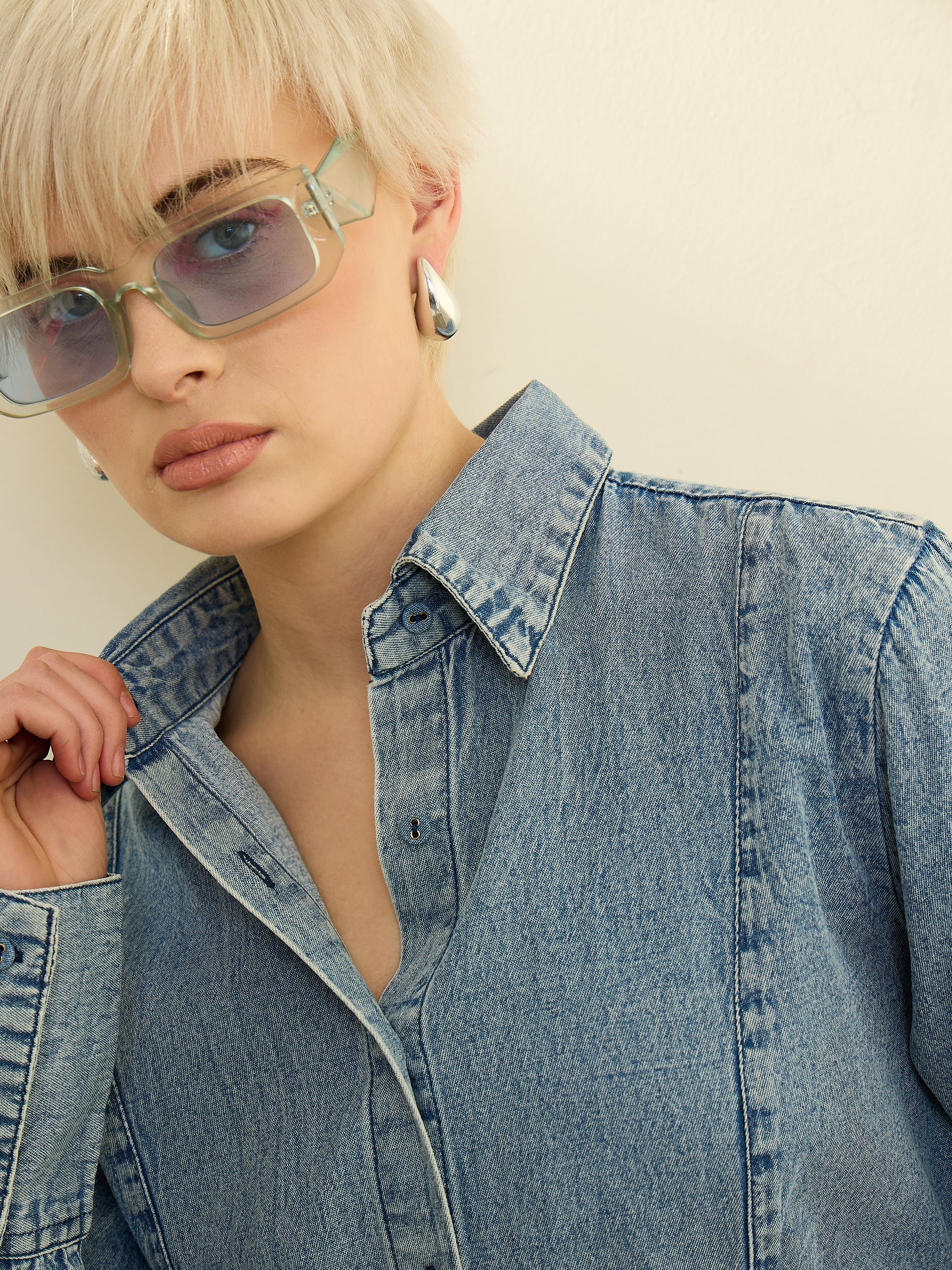 Blue Acid Wash Denim Long Sleeve Slim Fit Shirt