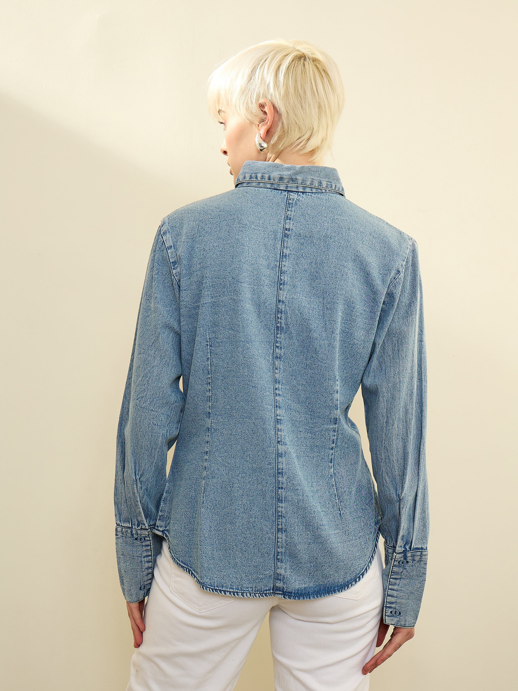 Blue Acid Wash Denim Long Sleeve Slim Fit Shirt