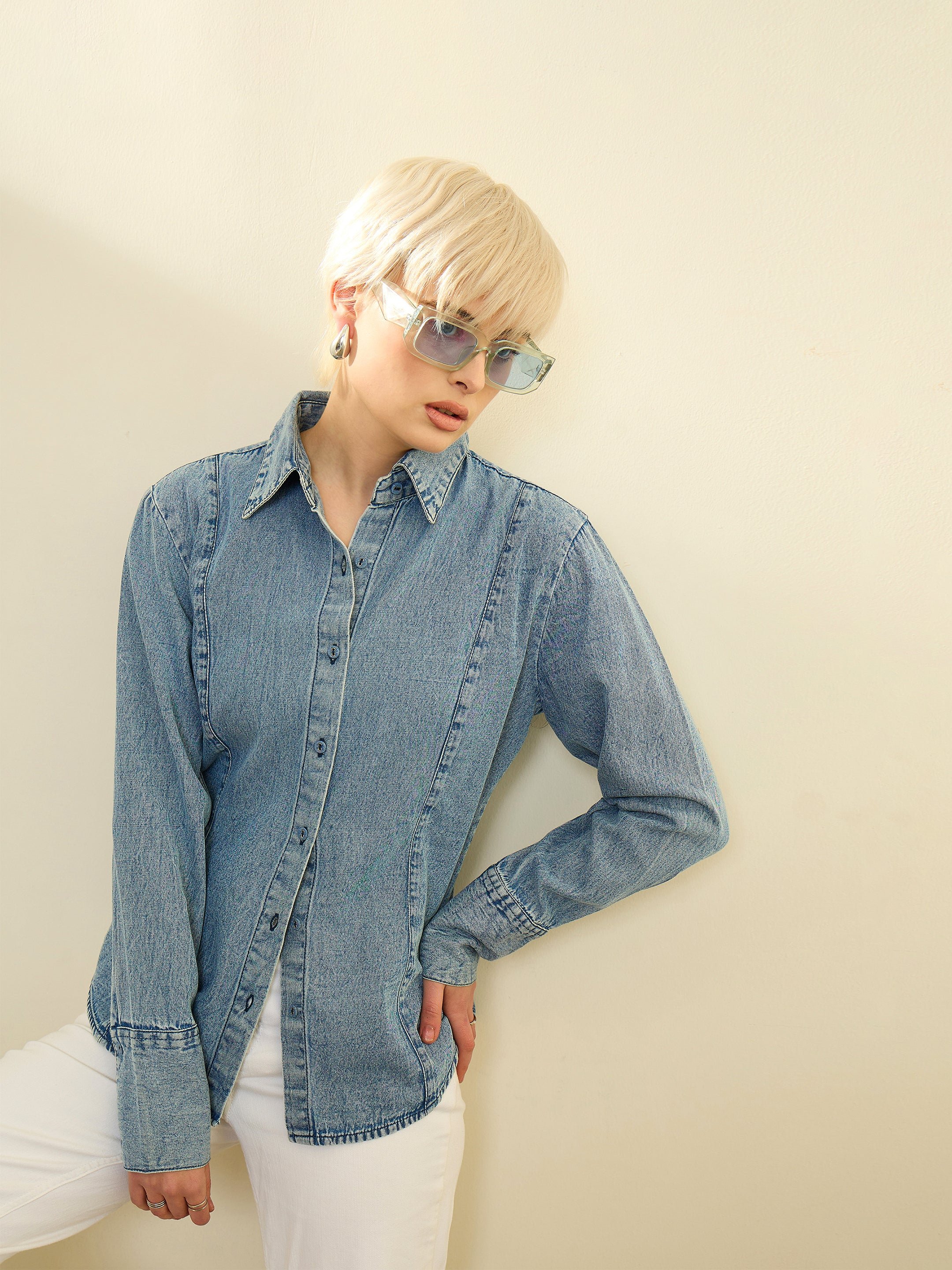 Blue Acid Wash Denim Long Sleeve Slim Fit Shirt