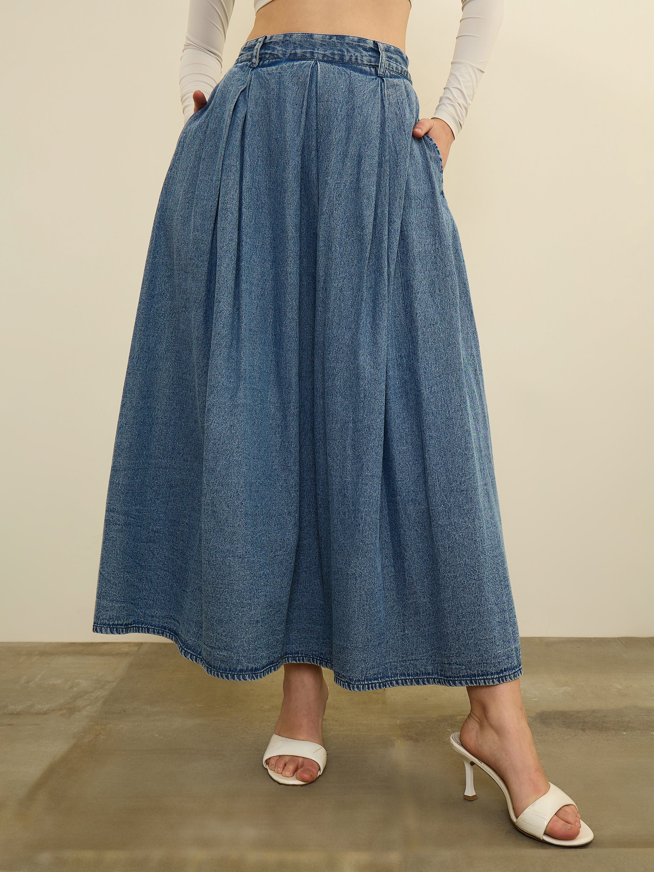 Blue Denim Acid Wash Box Pleated Maxi Skirt