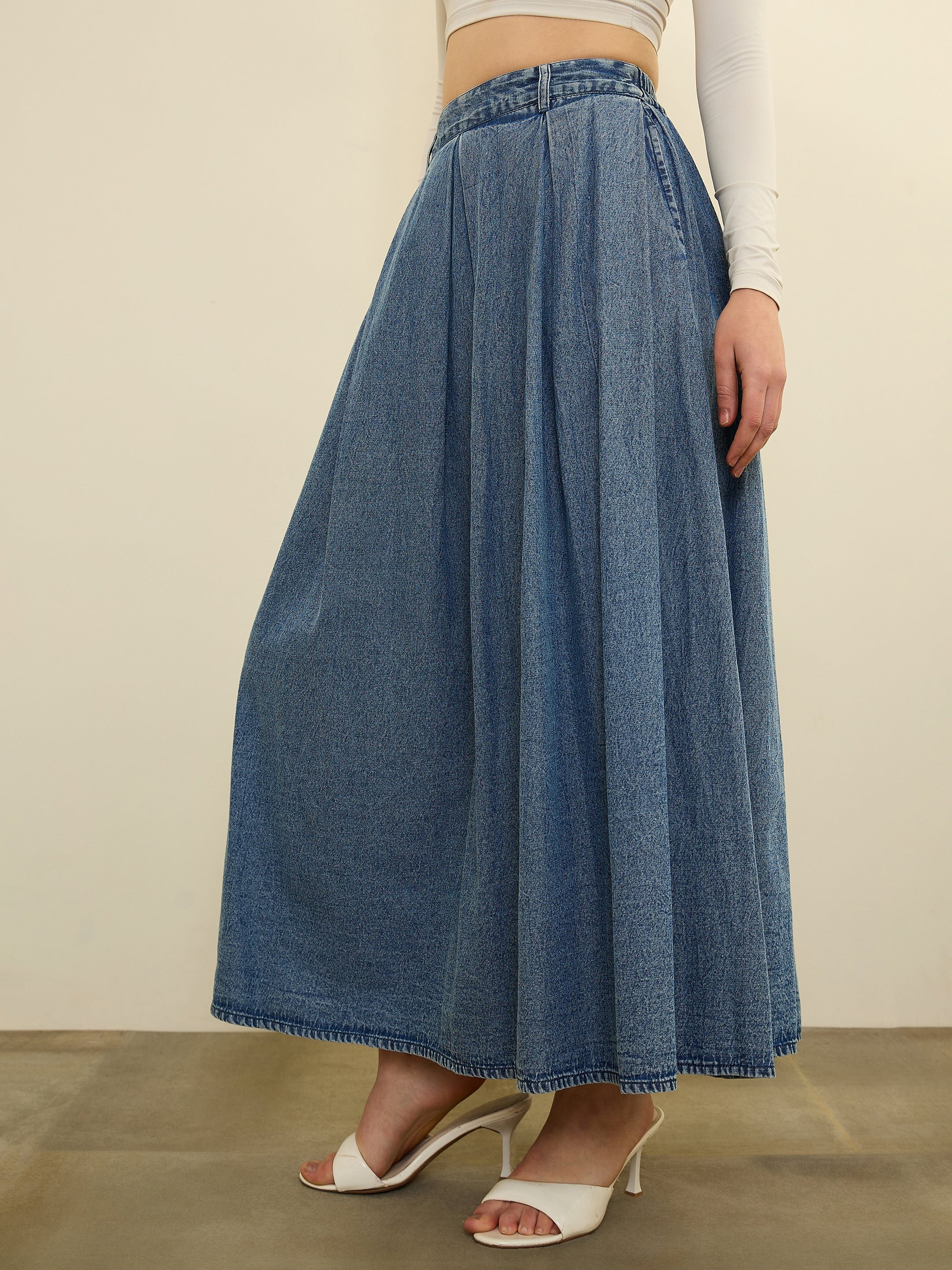Blue Denim Acid Wash Box Pleated Maxi Skirt