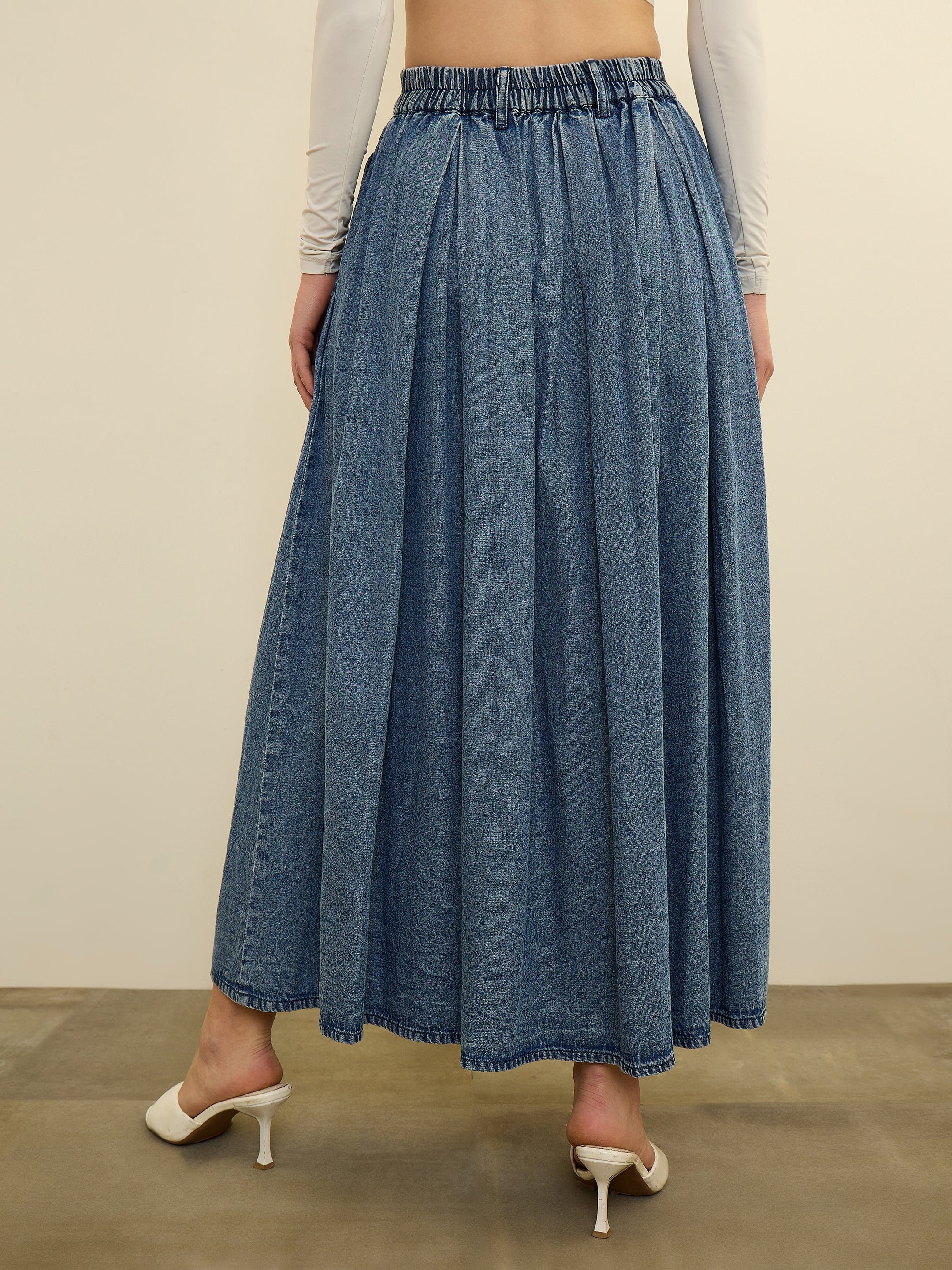 Blue Denim Acid Wash Box Pleated Maxi Skirt