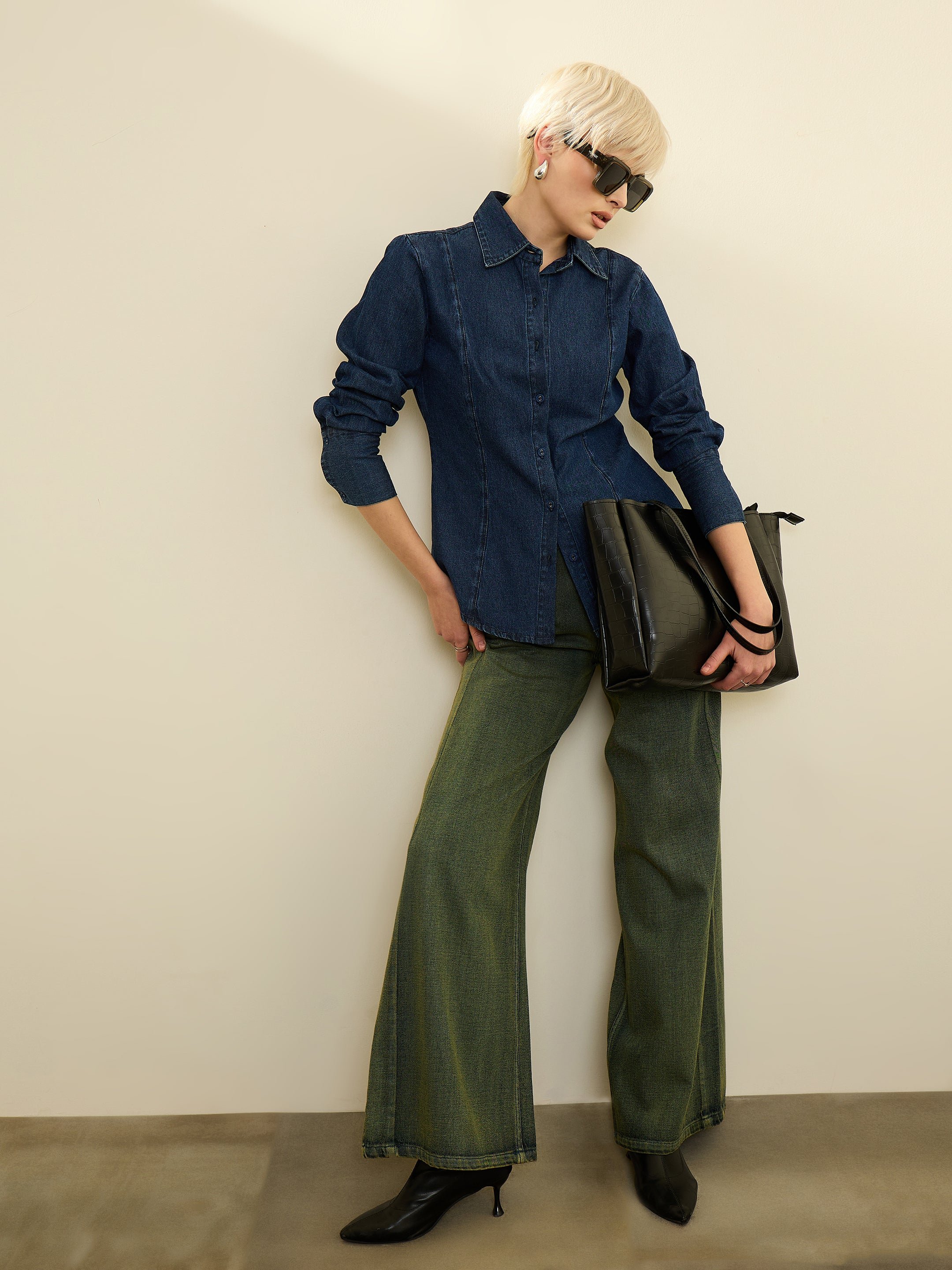 Navy Blue Solid Long Sleeves Denim Slim Fit Shirt